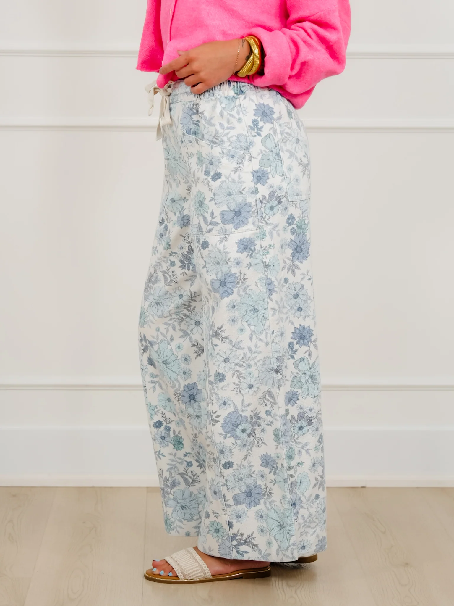 Blue Floral Print Elastic Waist Twill Wide Leg Pants - Image 4