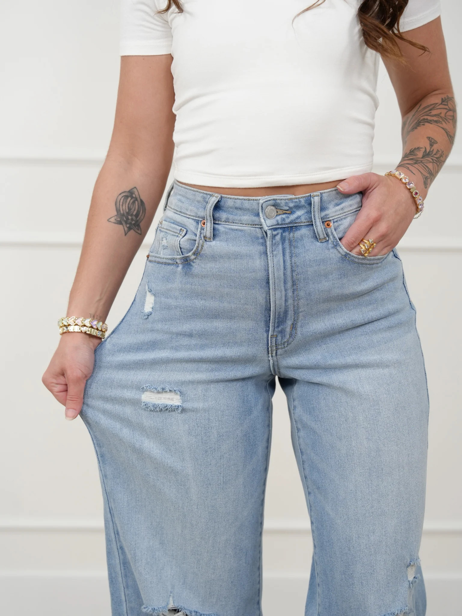 Cello High Rise Light Wash Distressed Wide Leg Jeans - Image 5