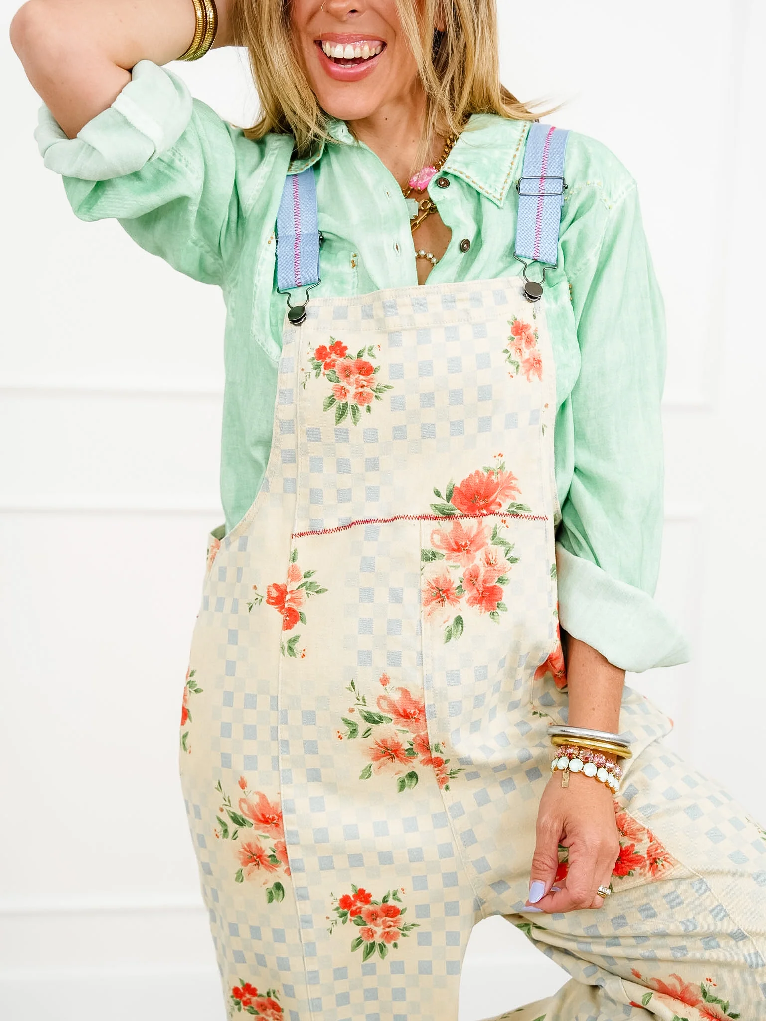 Checkered and Floral Print Wide Leg Overalls - Image 4