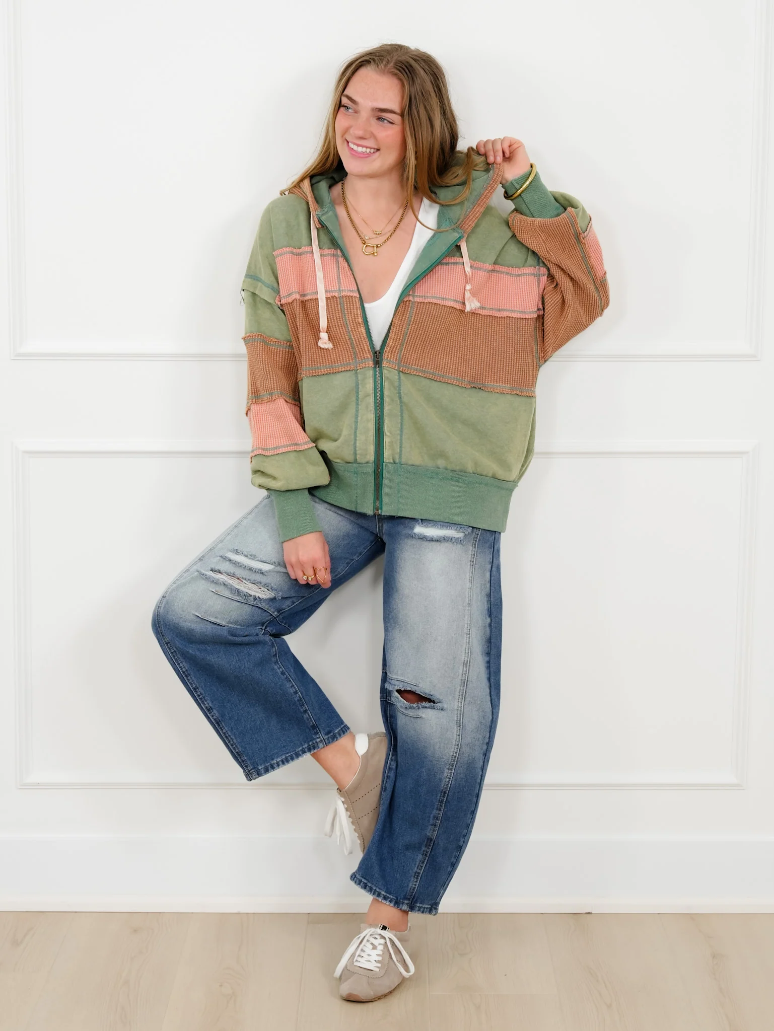 Color Block Long Sleeve Zip Up Hoodie Top - Image 5