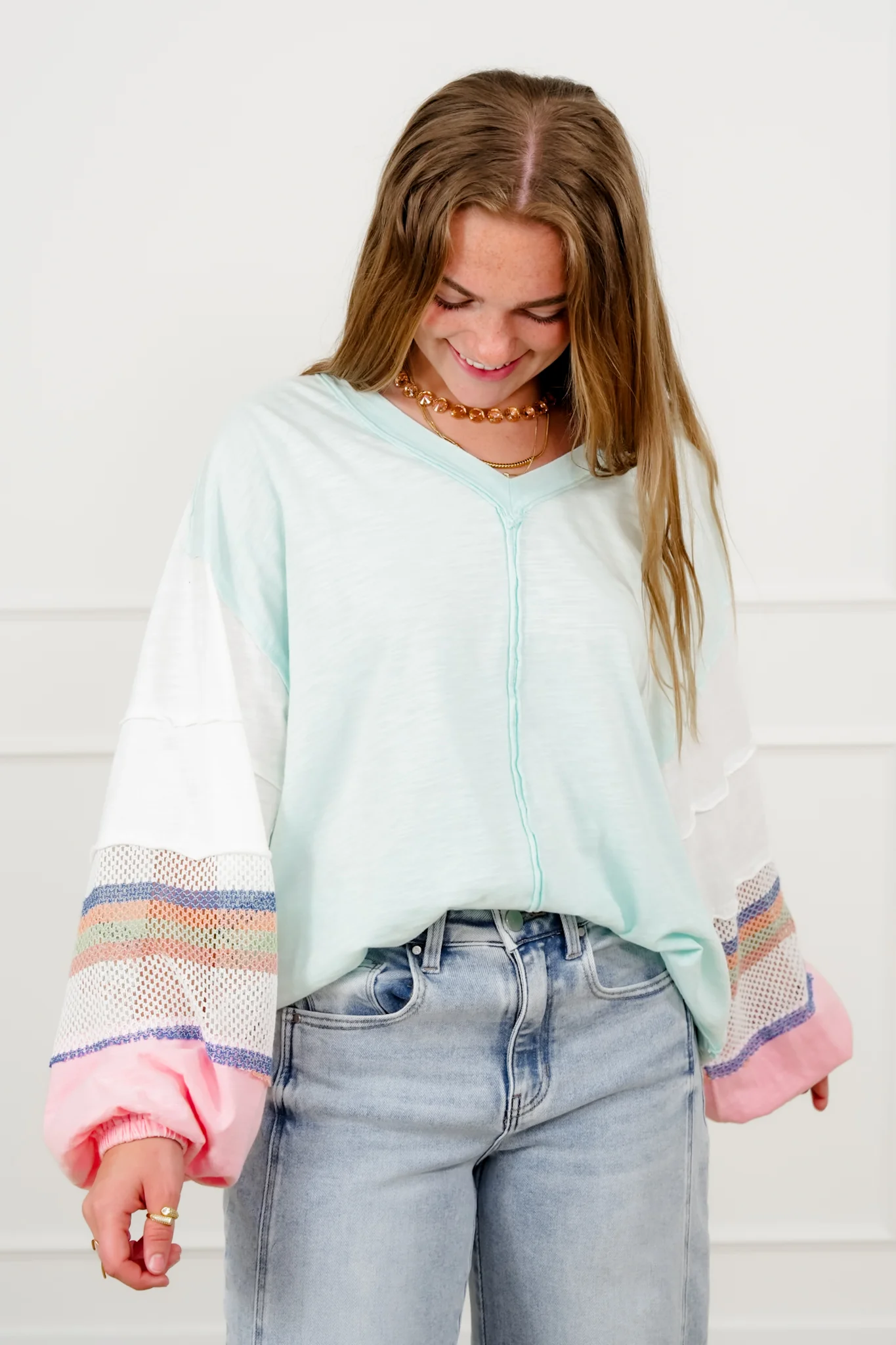 Cotton Long Stripe Sleeve V Neck Top