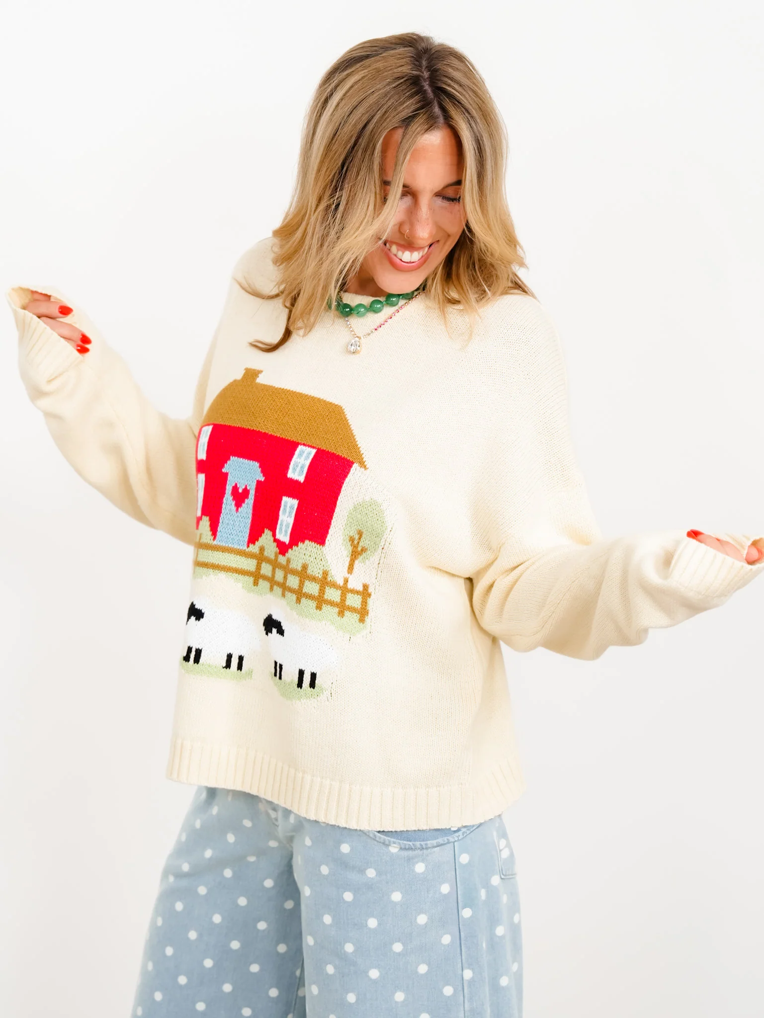 Countryside Cottage Motif Long Sleeve Pullover Sweater - Image 2