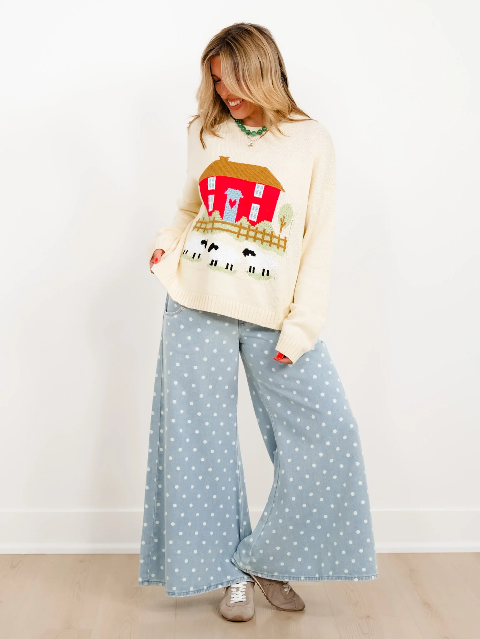 Countryside Cottage Motif Long Sleeve Pullover Sweater - Image 4