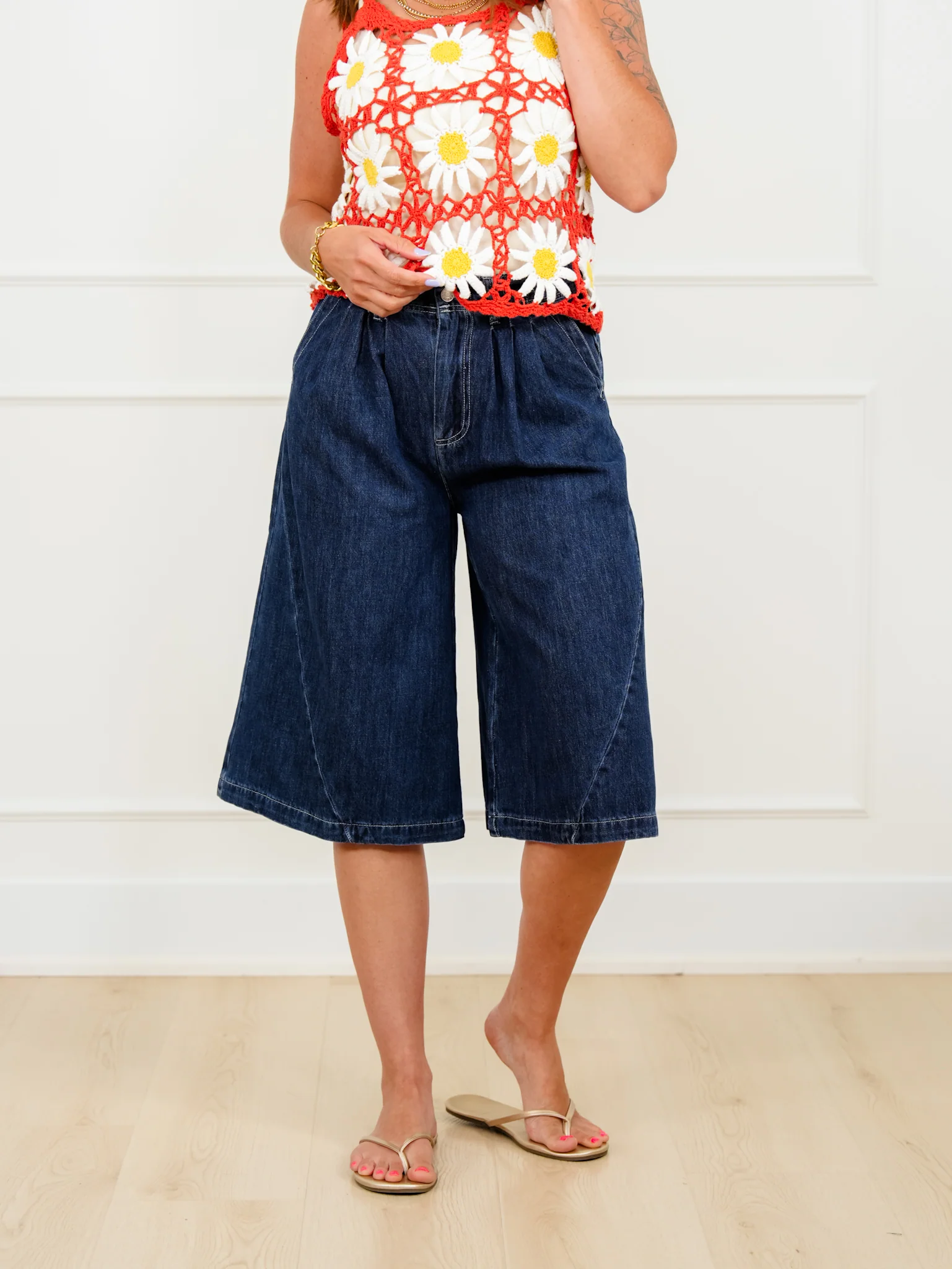 Dark Wash Wide Leg Long Shorts - Image 2