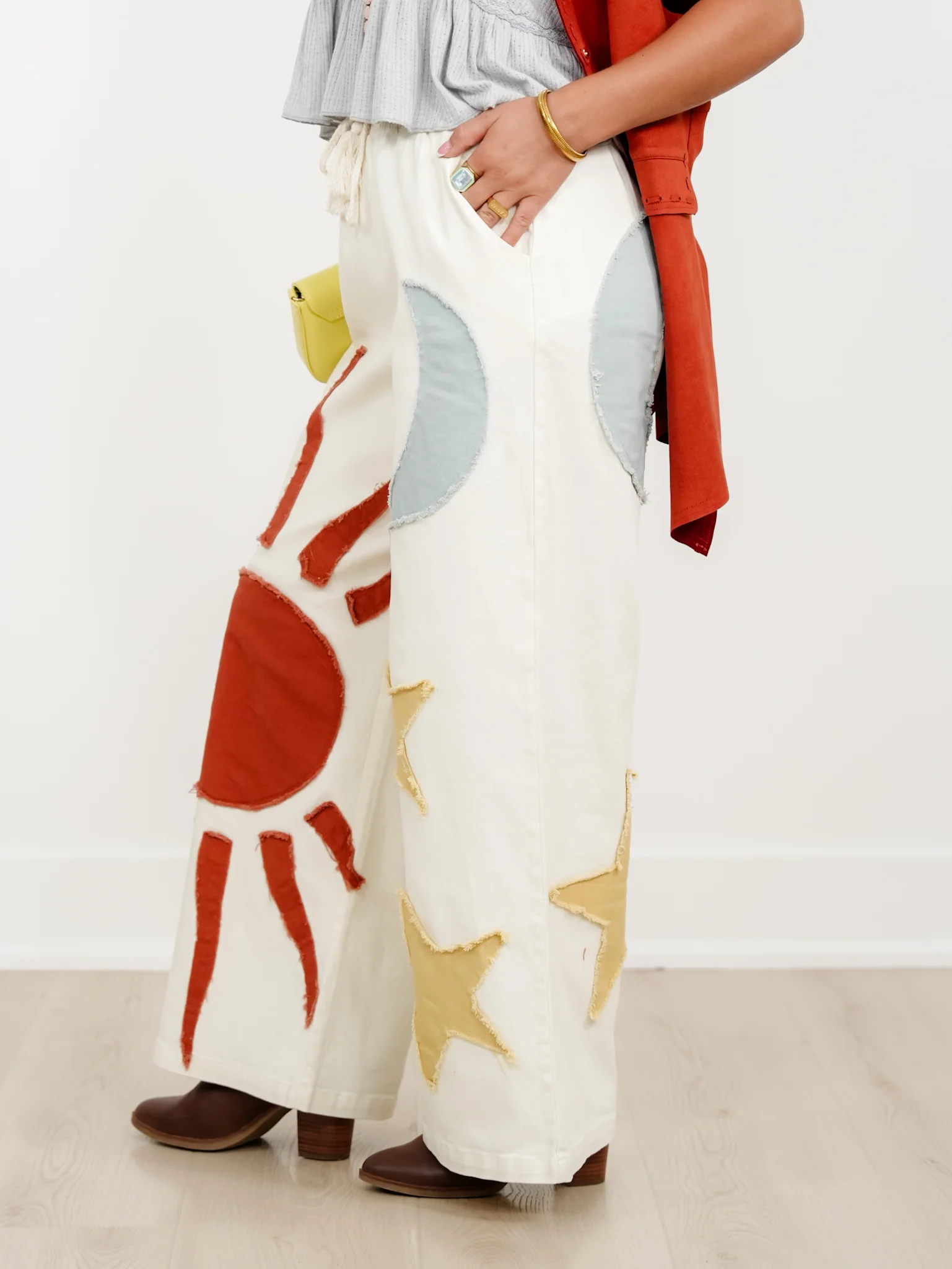 Elastic Waist Sun, Moon, & Stars Patch Wide Leg Pants - Image 5