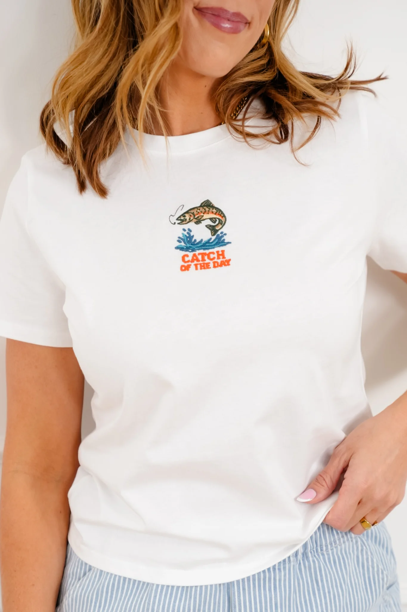 Embroidered "Catch Of The Day" Short Sleeve Top