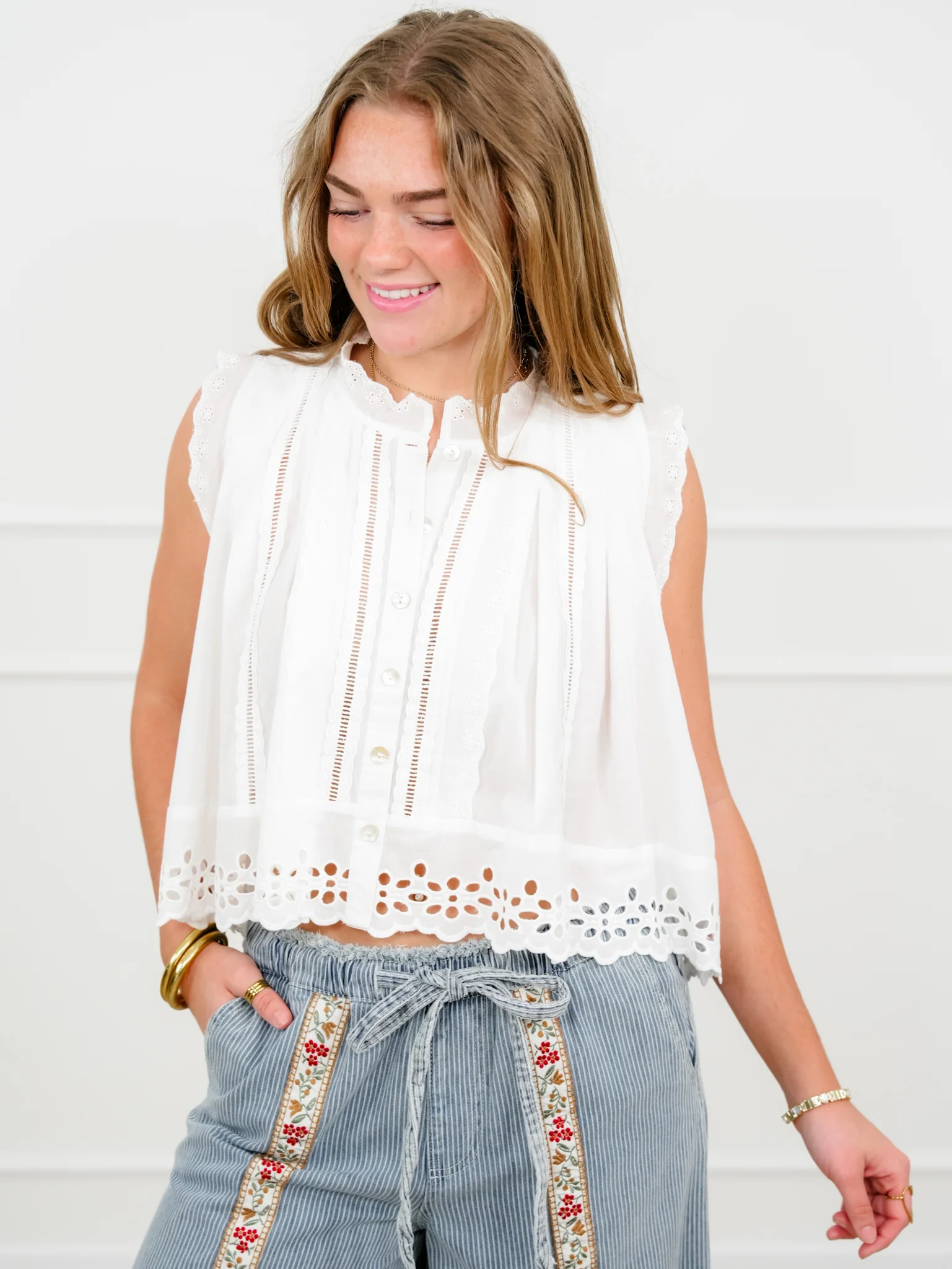 Floral Eyelet Sleeveless Button Up Blouse