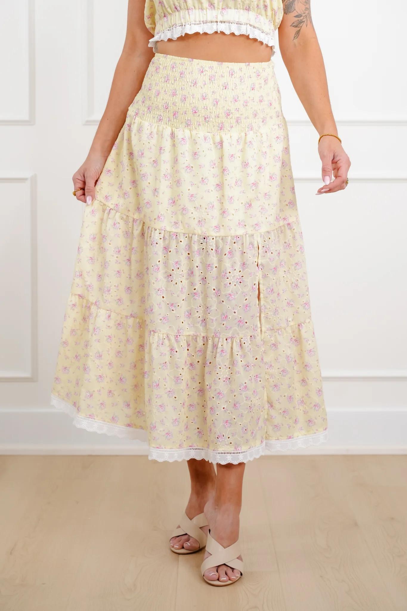 Floral Eyelet Smocked Waist Tiered Skirt
