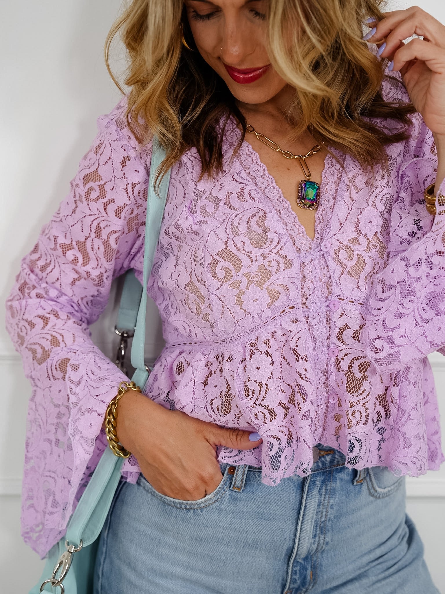 Floral Lace Long Sleeve V Neck Blouse