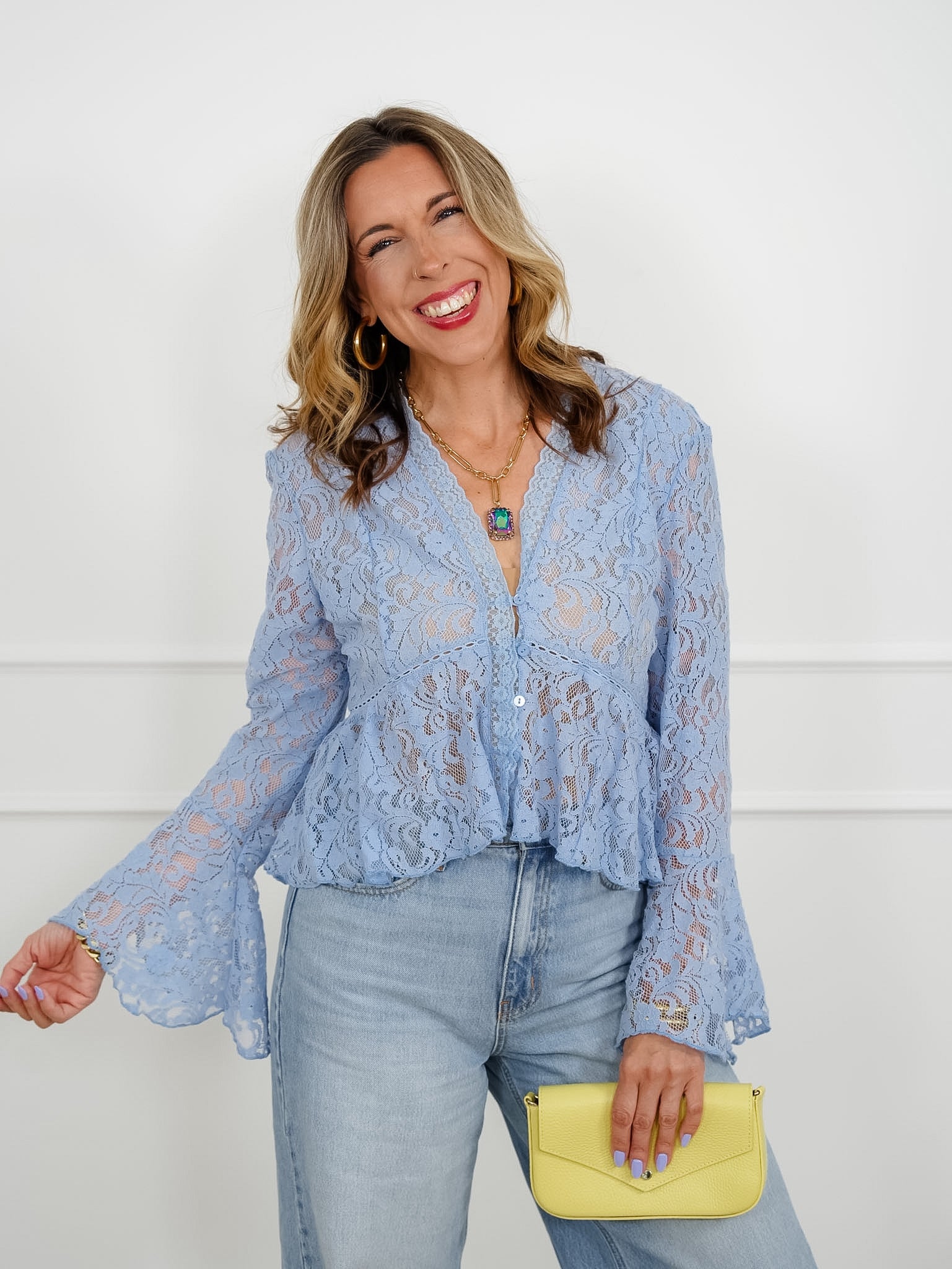 Floral Lace Long Sleeve V Neck Blouse - Image 2