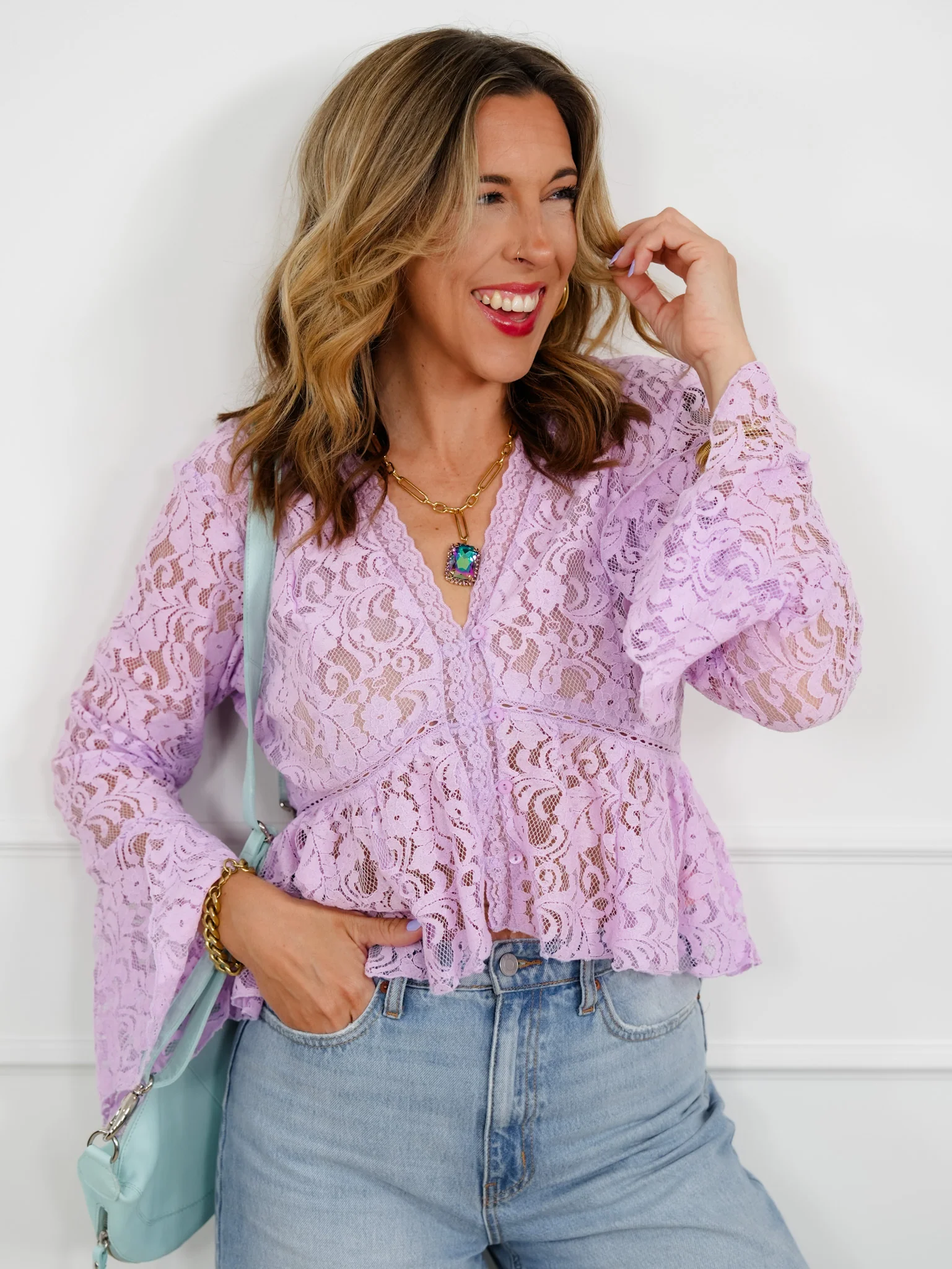 Floral Lace Long Sleeve V Neck Blouse - Image 3
