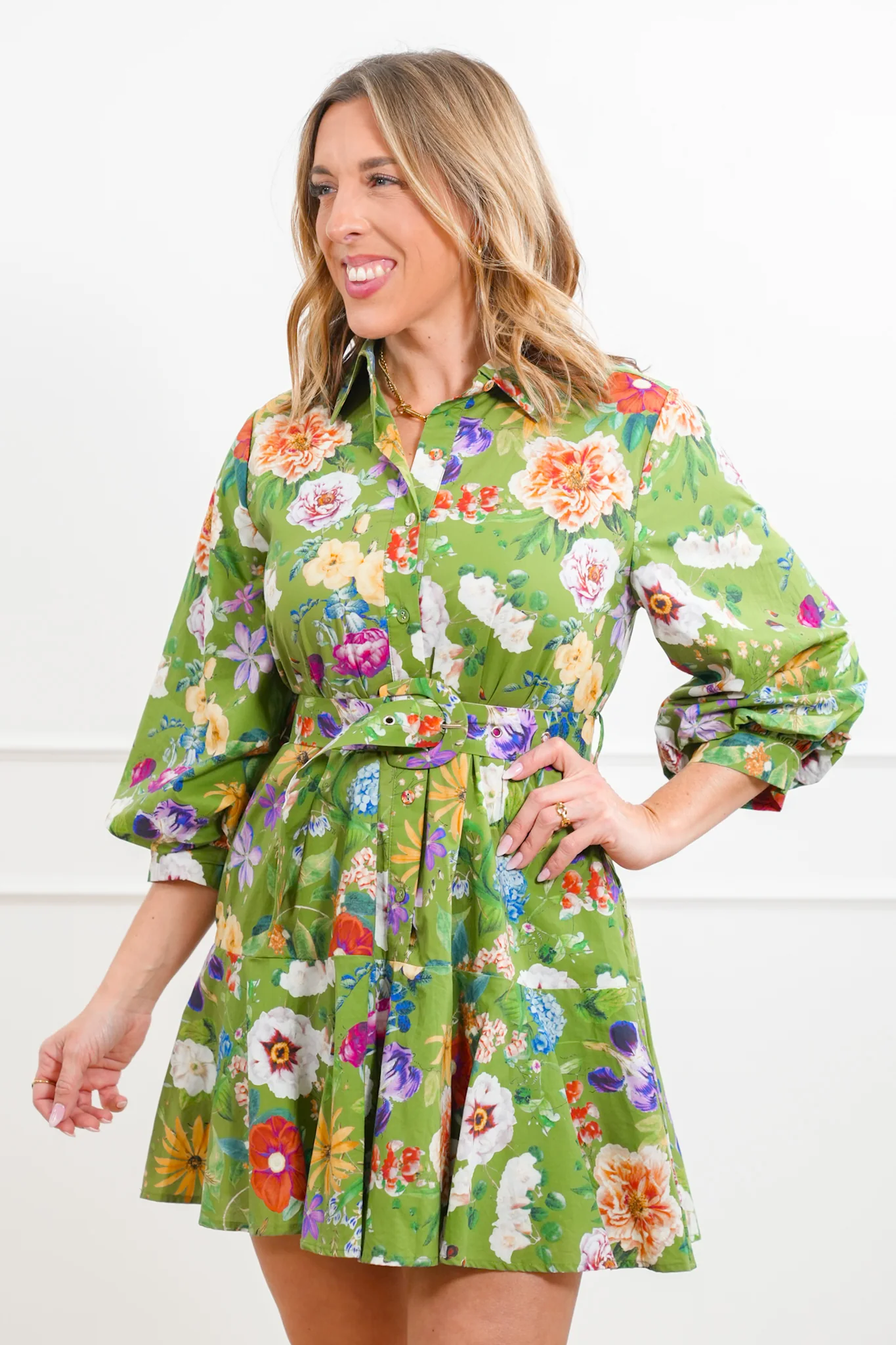 Floral Pattern 3/4 Sleeve Mini Dress with Waist Belt