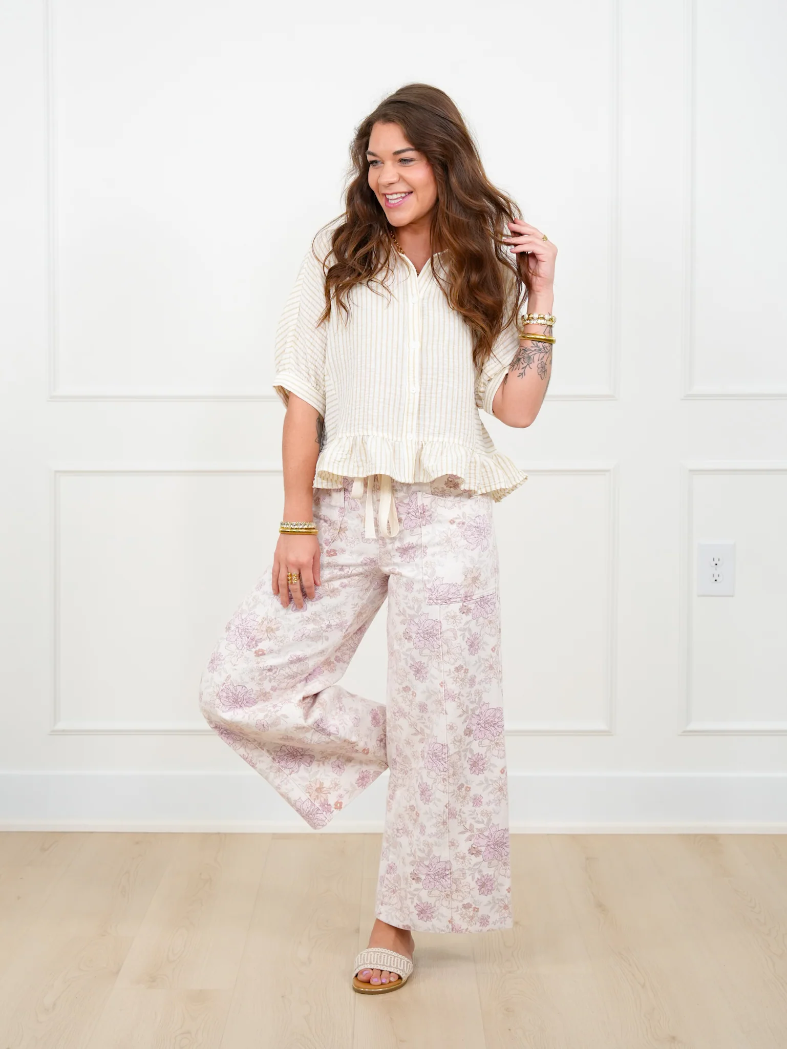 Floral Print Elastic Waist Twill Wide Leg Pants - Image 2