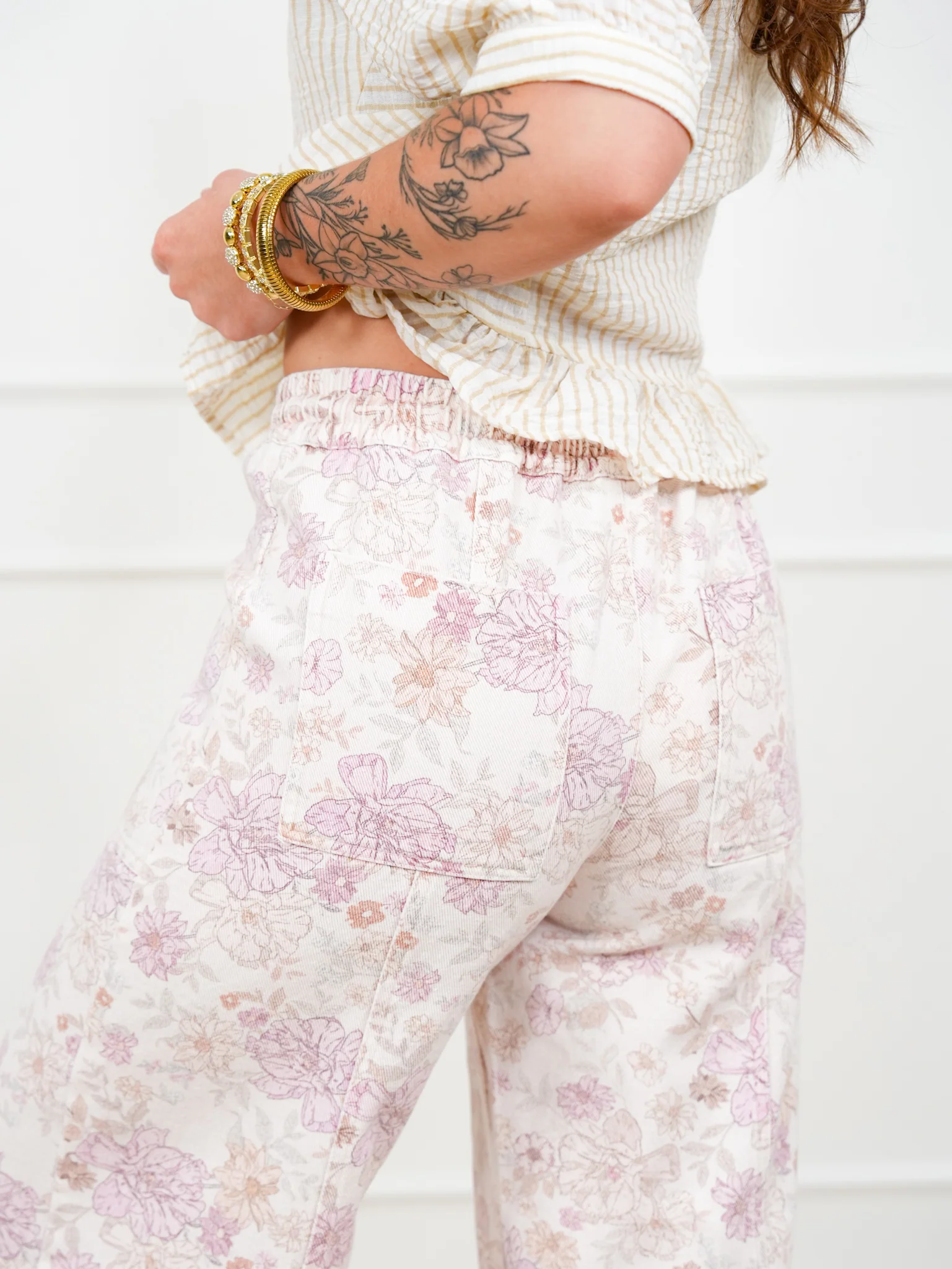 Floral Print Elastic Waist Twill Wide Leg Pants - Image 3