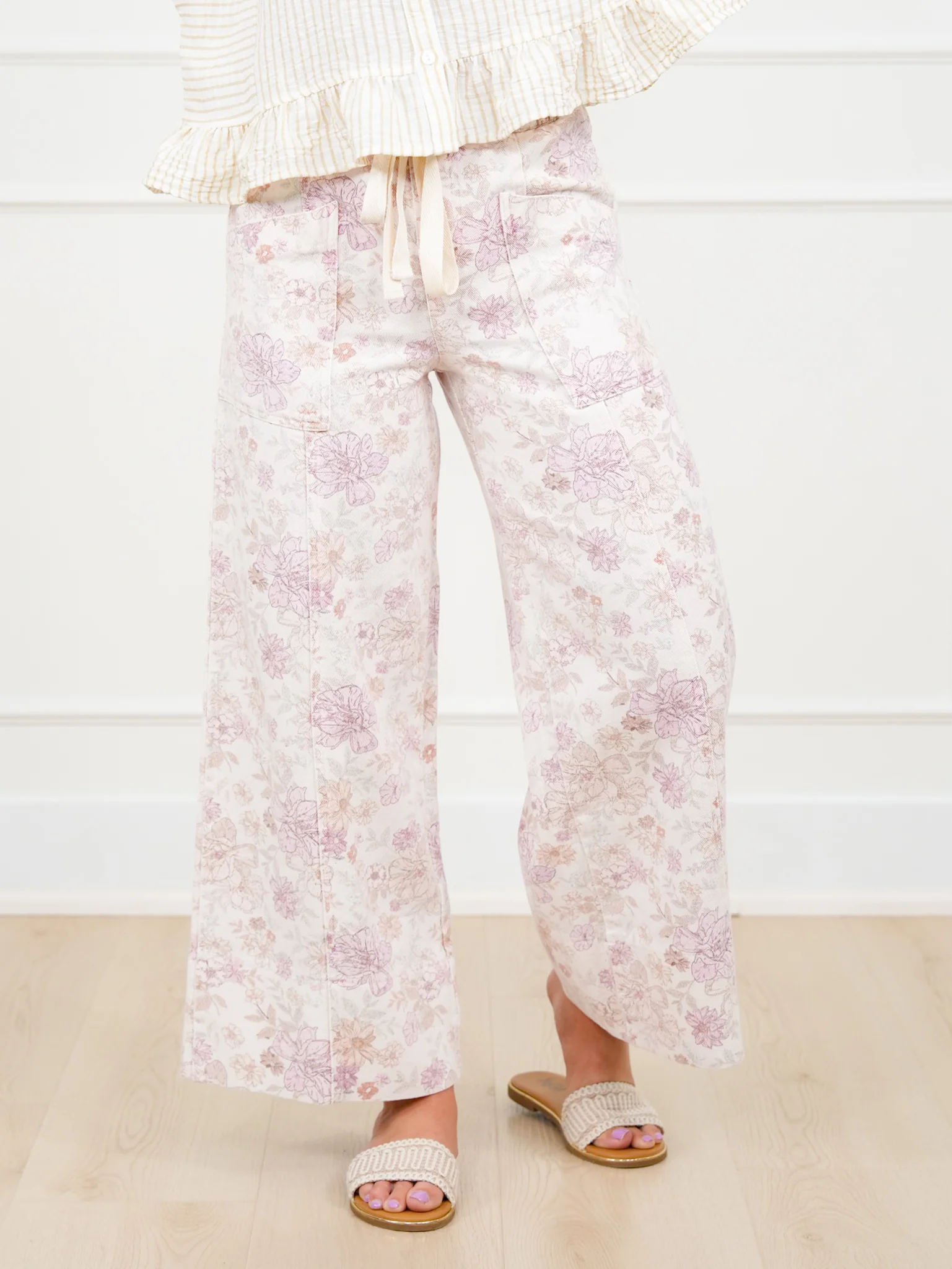 Floral Print Elastic Waist Twill Wide Leg Pants - Image 4