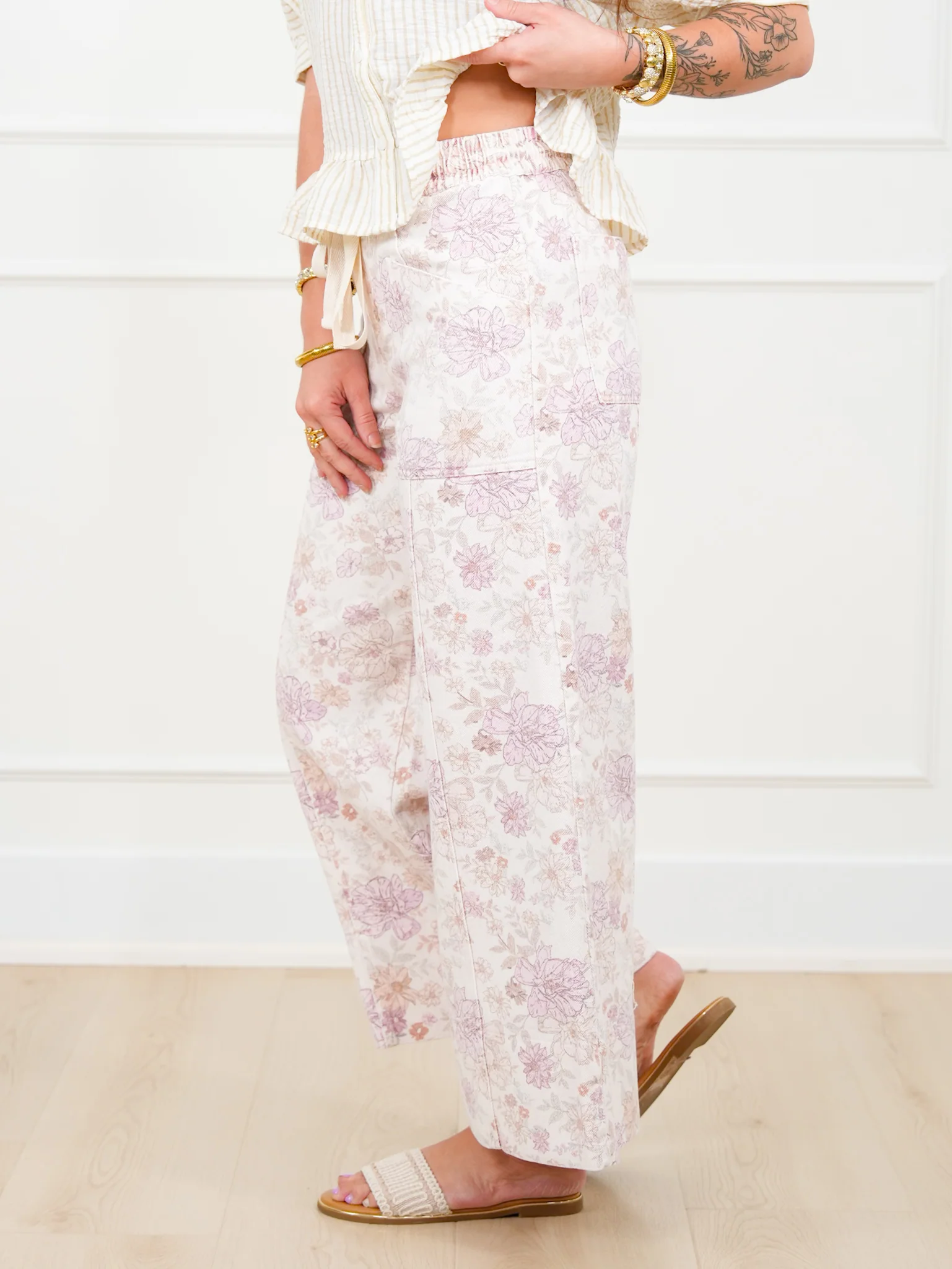 Floral Print Elastic Waist Twill Wide Leg Pants - Image 5