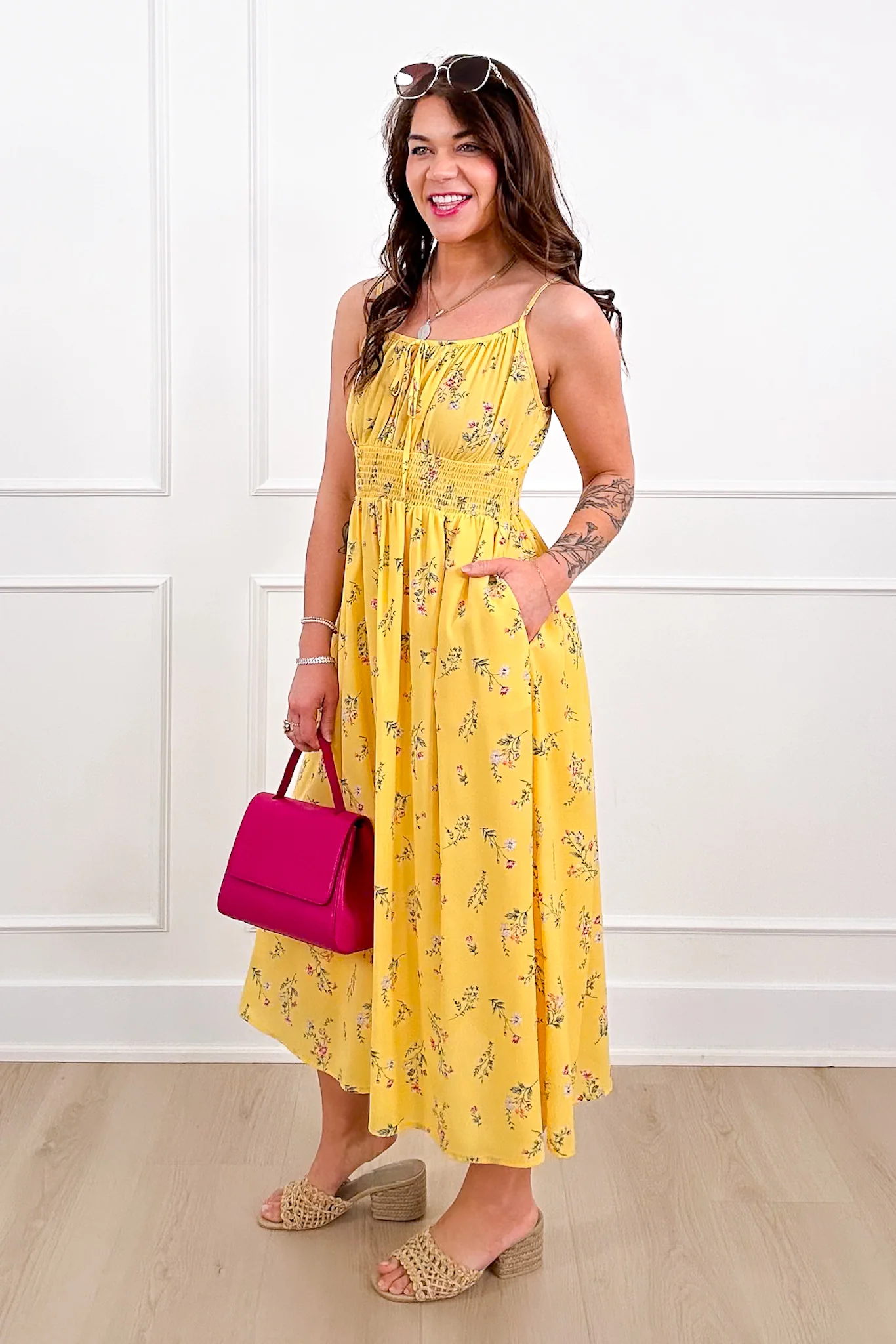 Floral Print Smock Waist Midi Dress with Front Tie - Image 3
