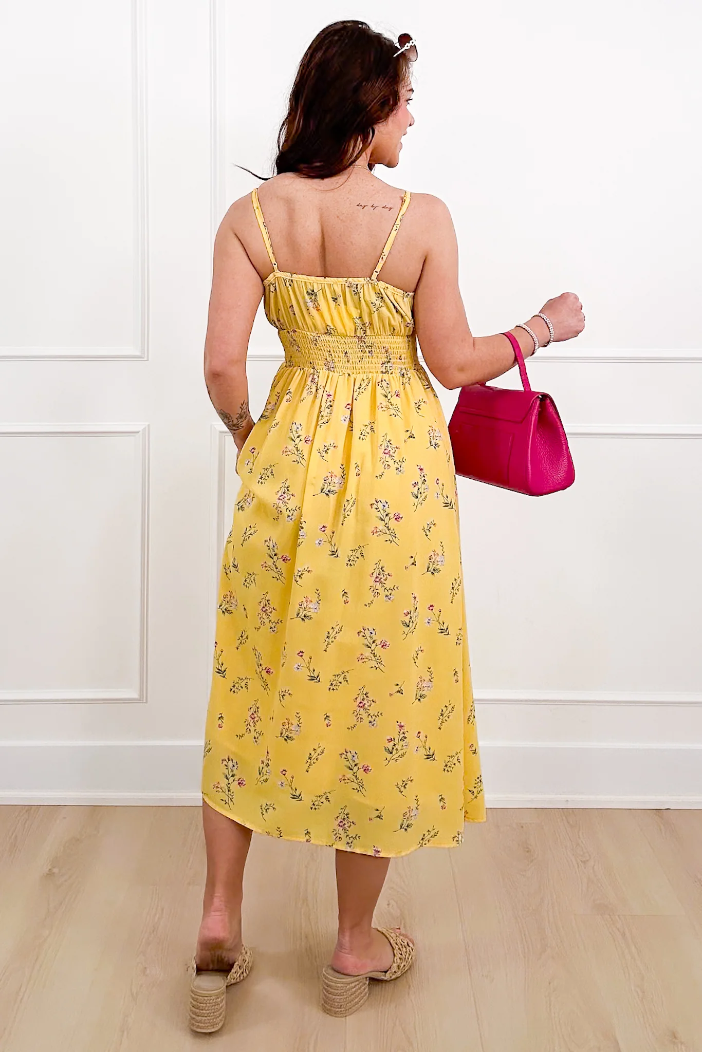 Floral Print Smock Waist Midi Dress with Front Tie - Image 4