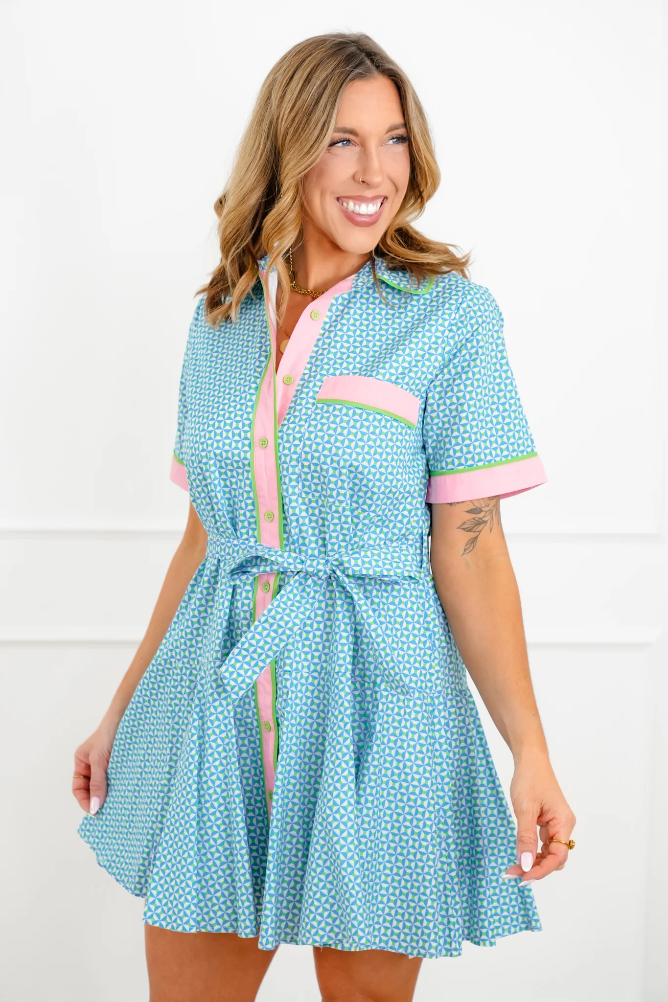 Geometric Print Short Sleeve Button Down Mini Dress - Image 2