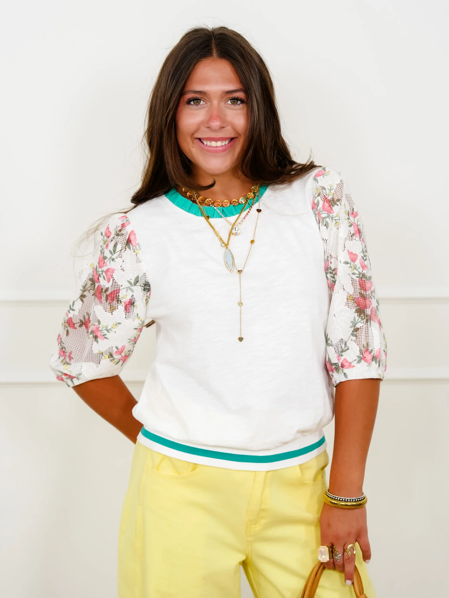 Half Floral Puff Sleeve Knit Top with Contrast Stripe