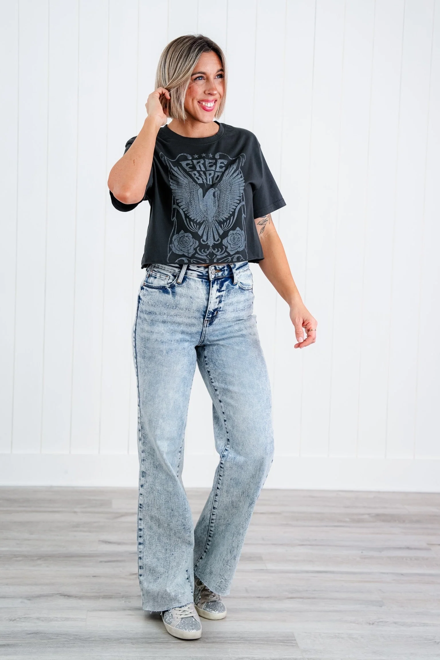 Judy Blue Bad Blood High Rise Light Mineral Wash Raw Hem Wide Leg Jeans - Image 17