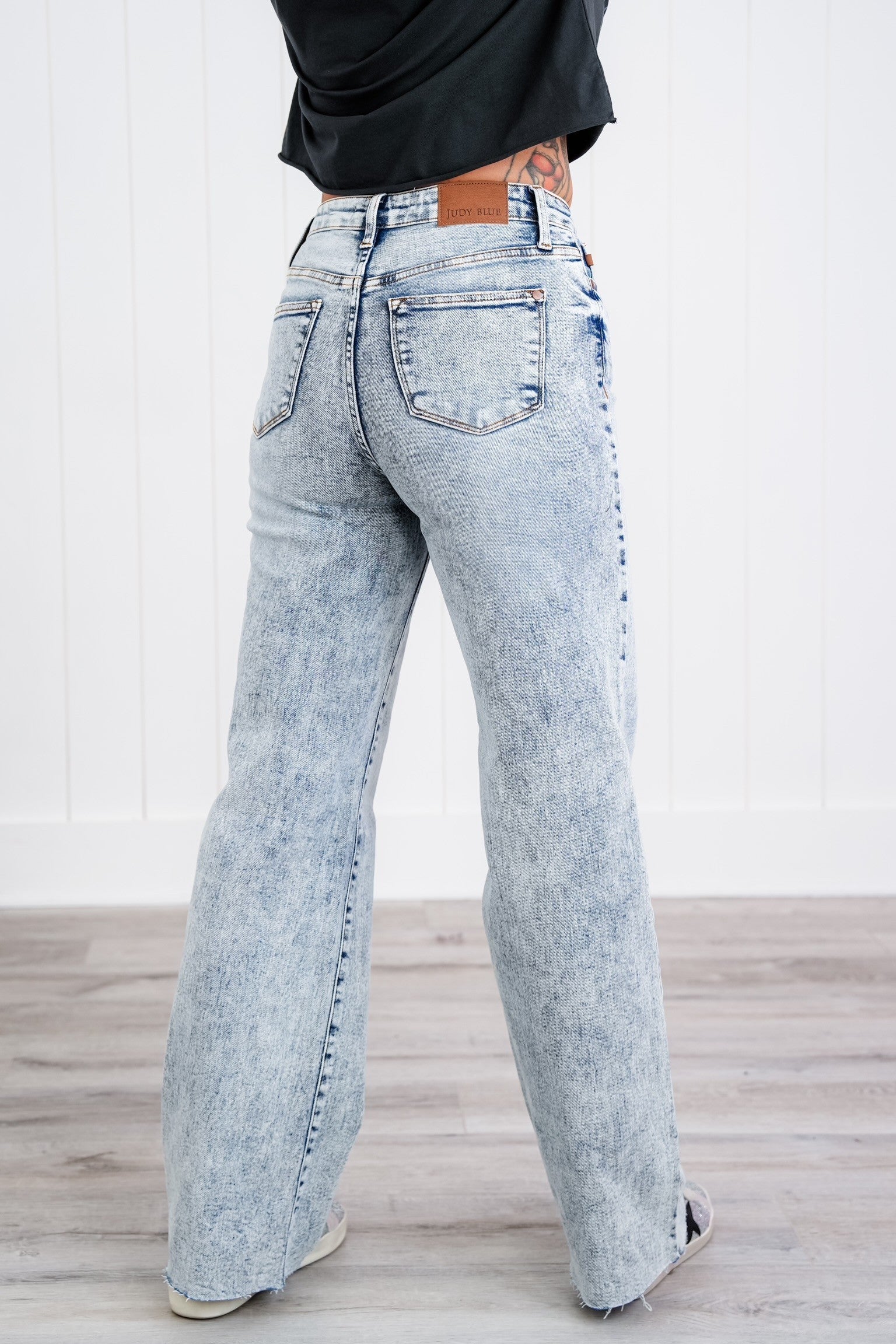Judy Blue Bad Blood High Rise Light Mineral Wash Raw Hem Wide Leg Jeans - Image 26