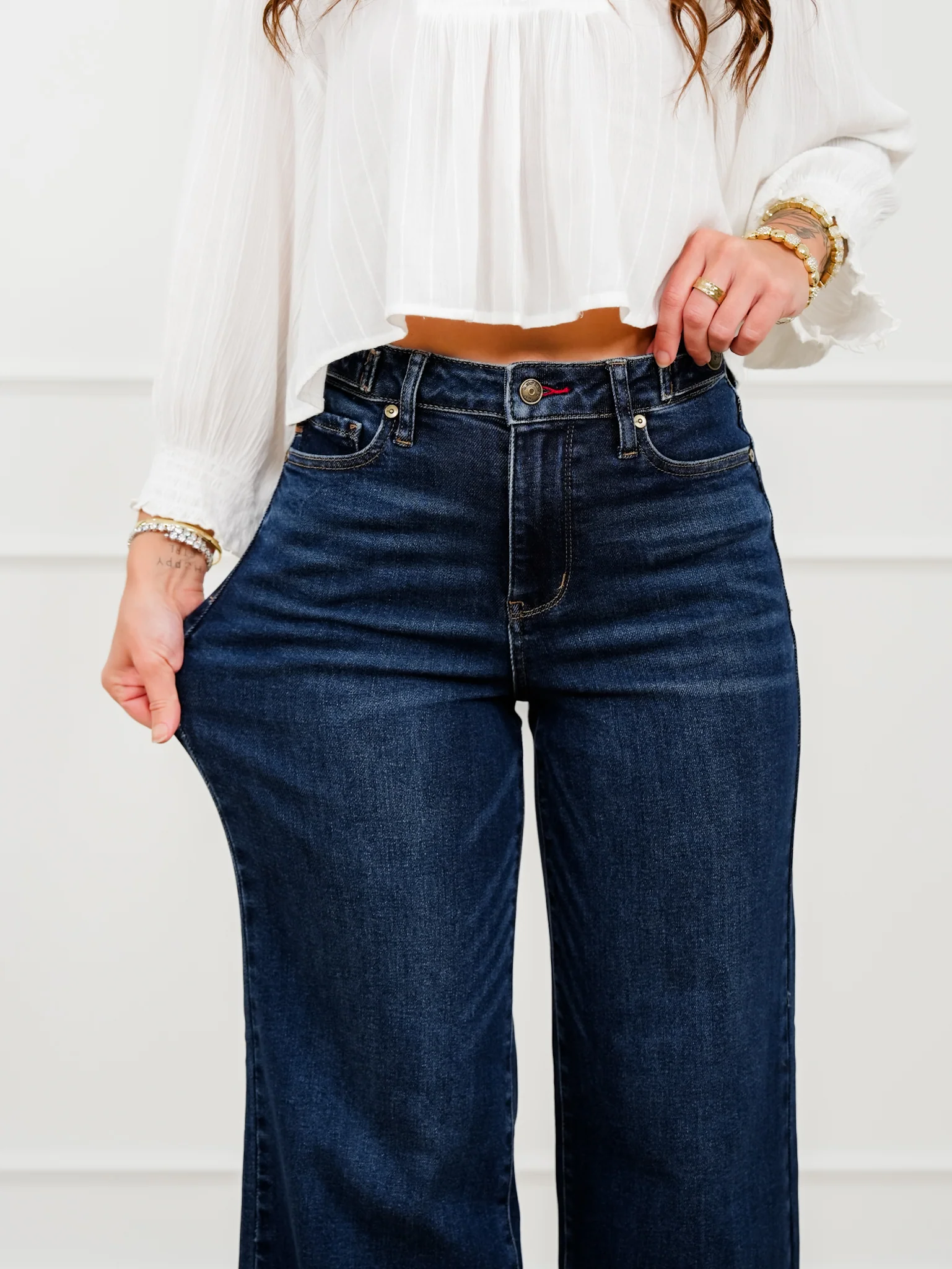 Judy Blue The Levi High Rise Dark Wash Petite/Reg Retro Wide Leg Jeans with Adjustable Waistband Tabs - Image 6