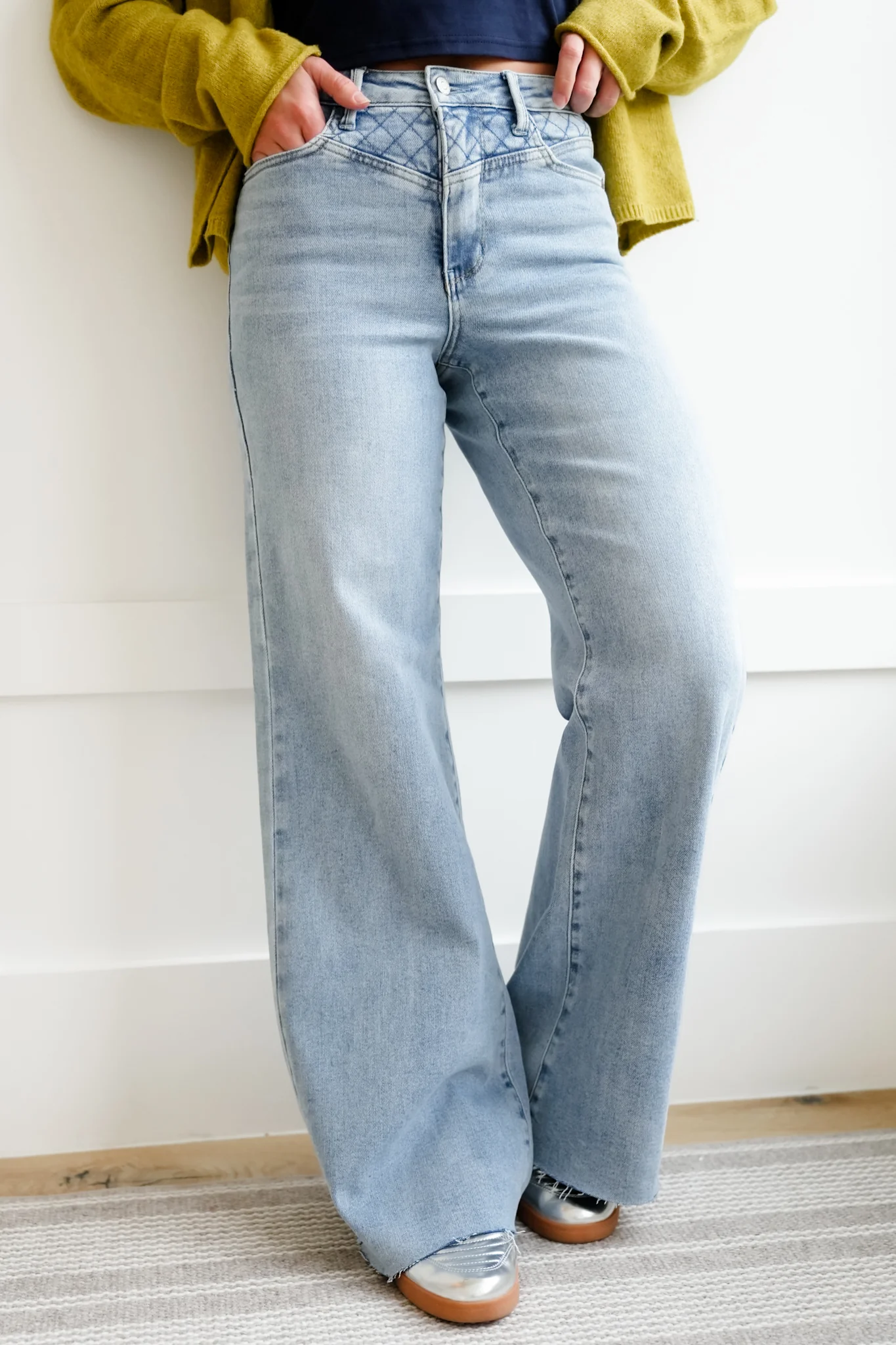 Judy Blue High Rise Quilted Yoke Medium Wash Retro Wide Leg Jeans