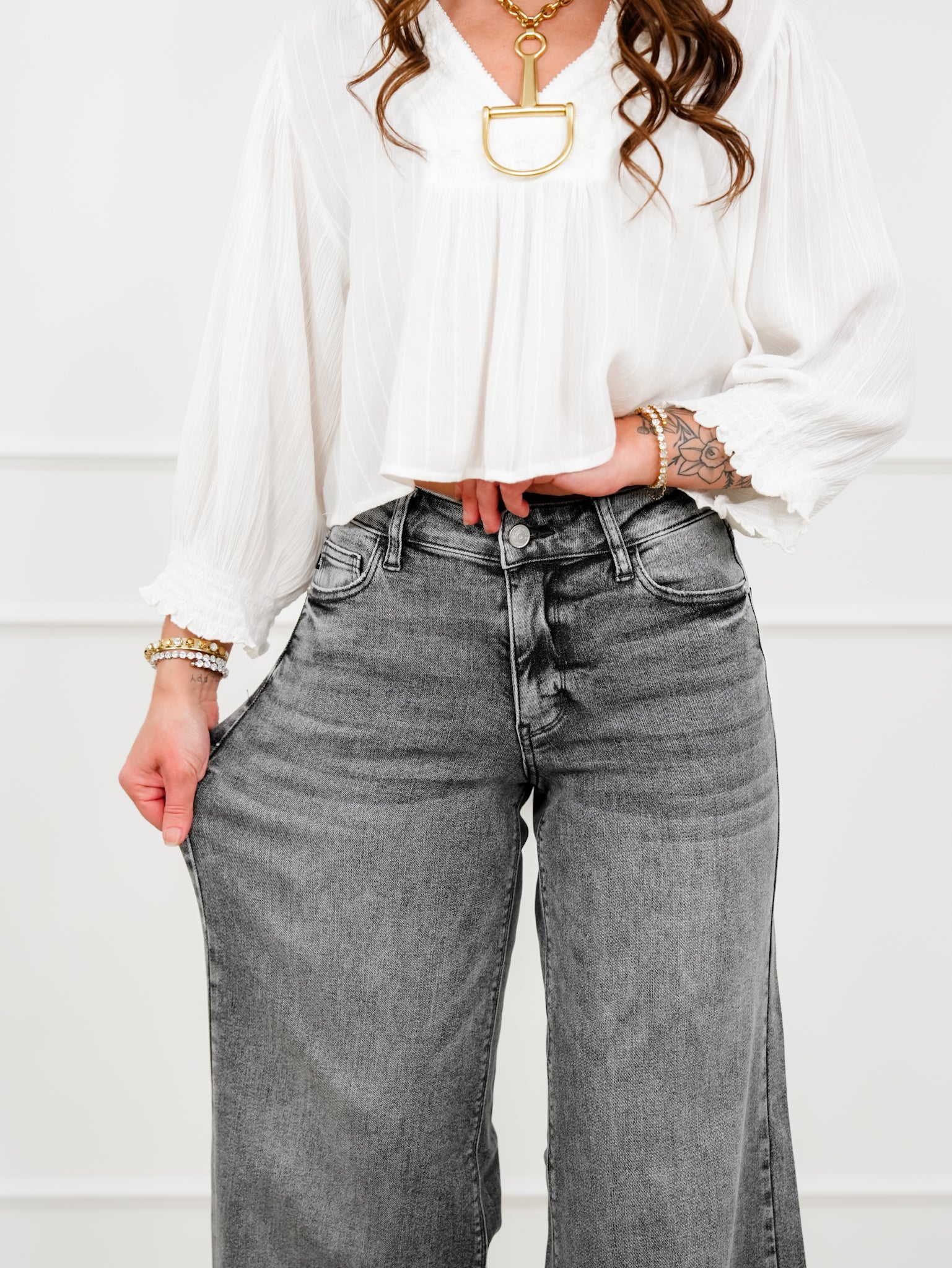 Judy Blue Stormy Days Mid Rise Gray Palazzo Jeans with Split Back Yokes - Image 8