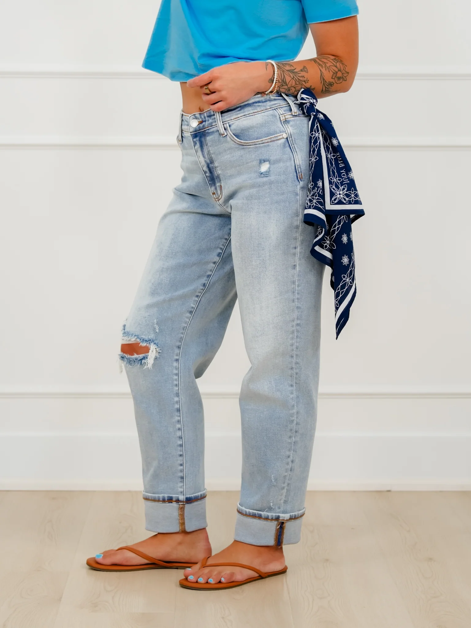 Judy Blue Mid Rise Light Wash Distressed Boyfriend Jeans With Bandana Loop - Image 7