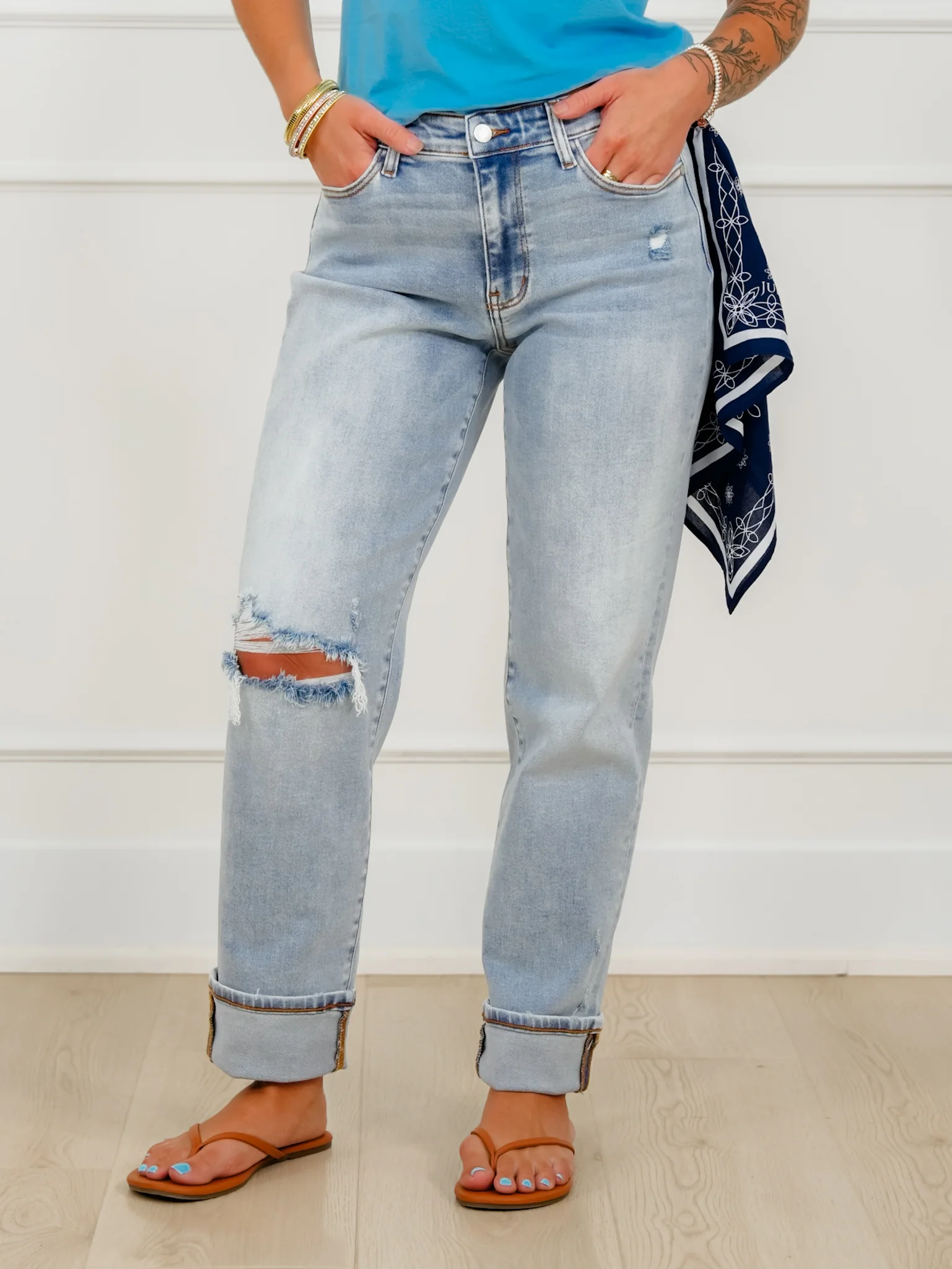 Judy Blue Mid Rise Light Wash Distressed Boyfriend Jeans With Bandana Loop - Image 8