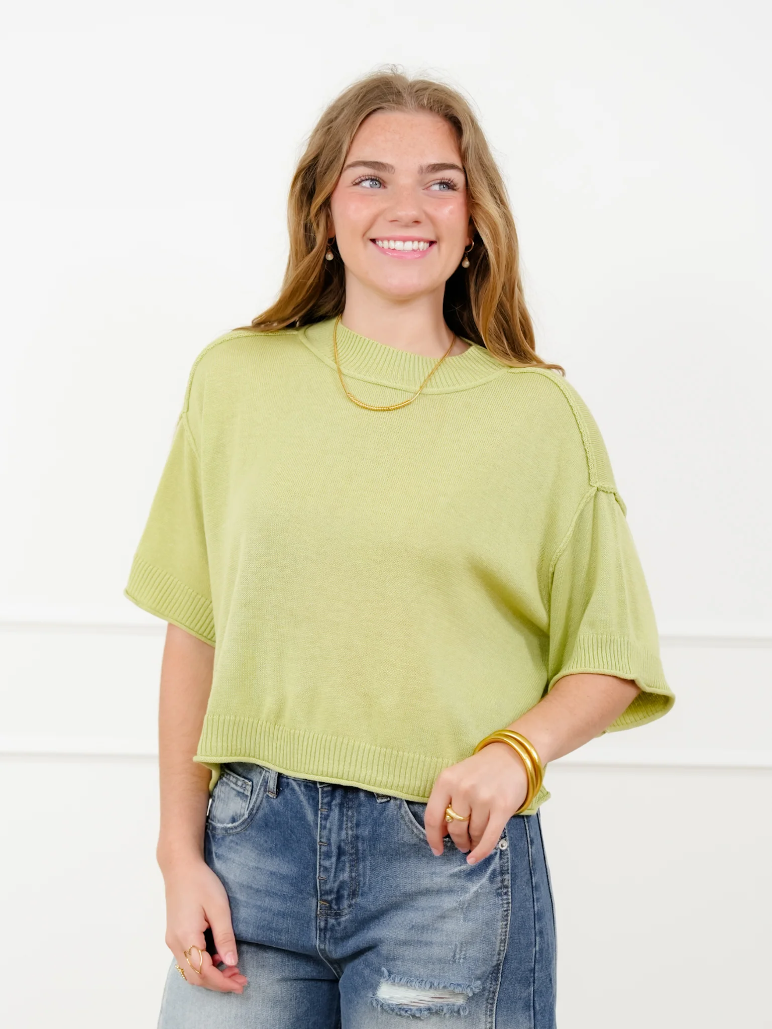 Knit Short Sleeve Mock Neck Sweater - Image 5