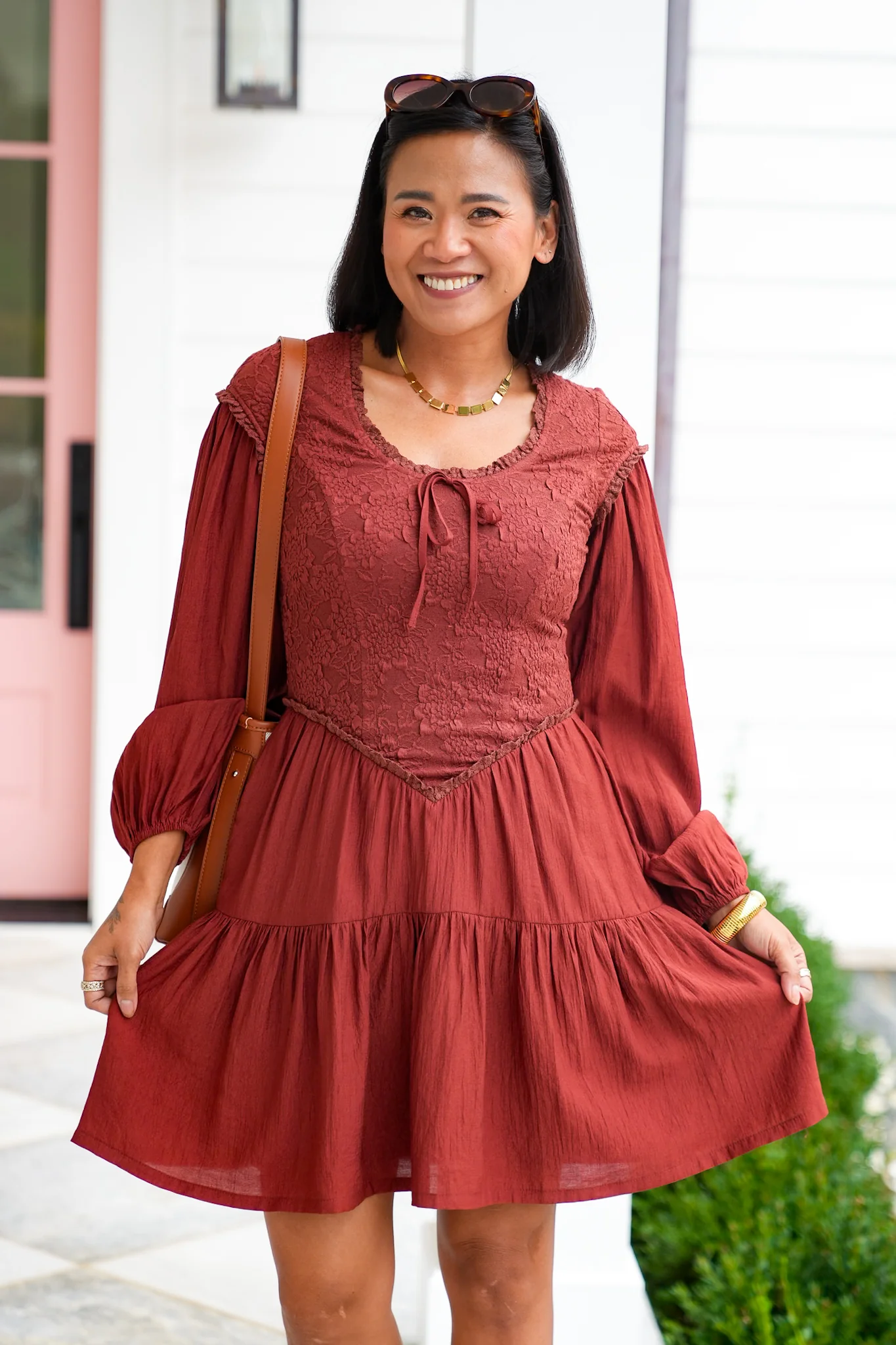 Brick Long Sleeve Drop Waist Dress - Image 2