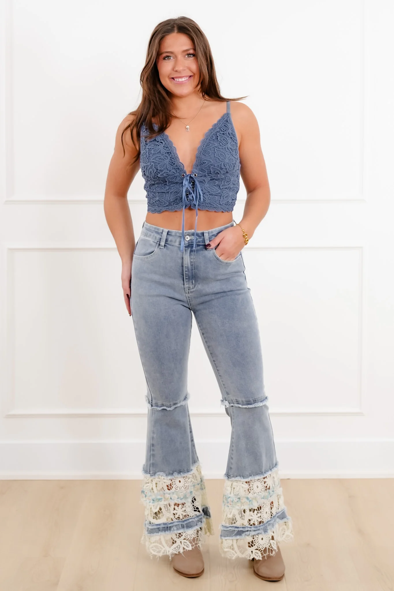 Lace Deep V Neck Lace-Up Crop Top - Image 8
