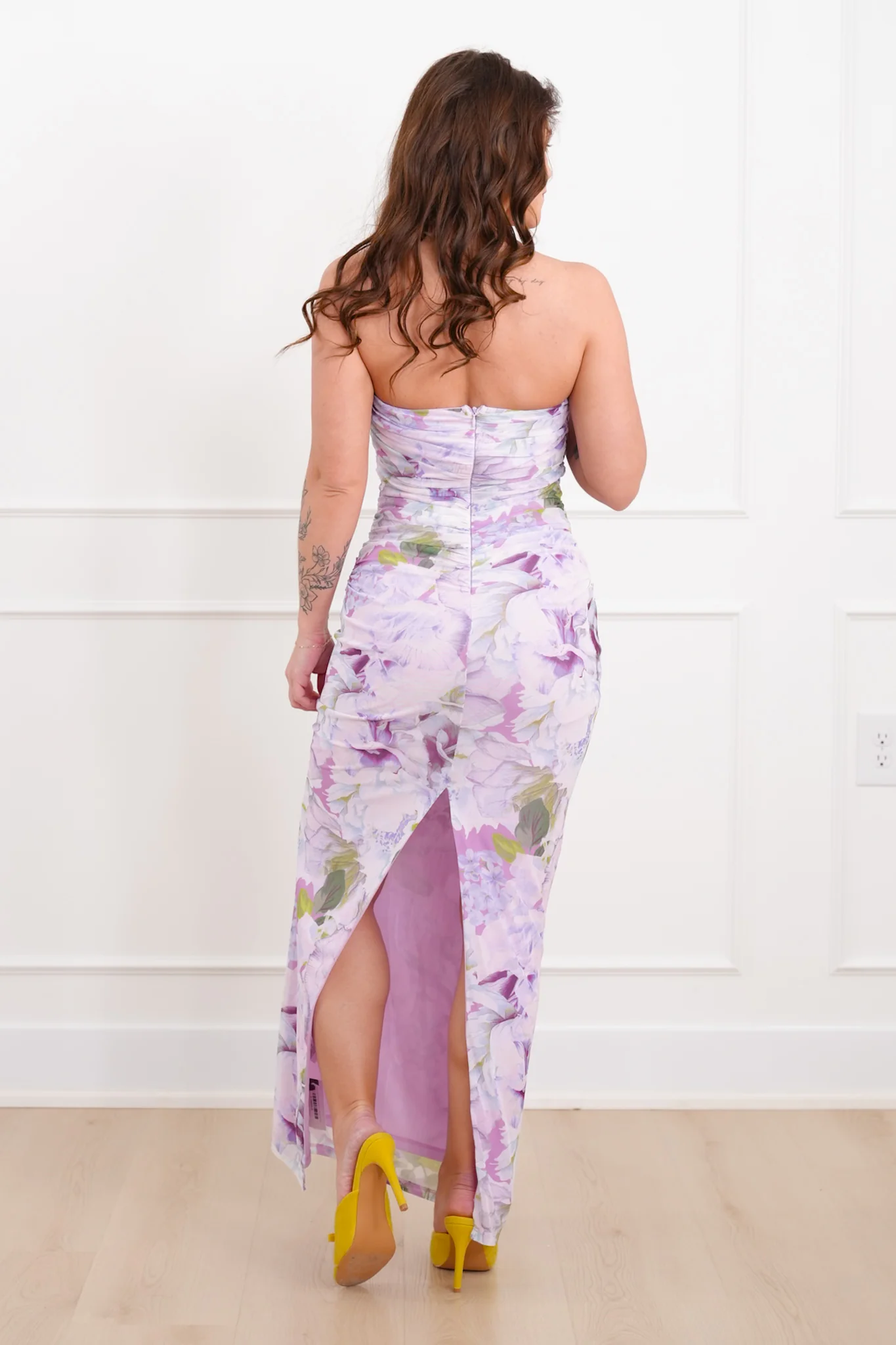 Lavender Floral Strapless Maxi Dress with Ruched Sides - Image 3