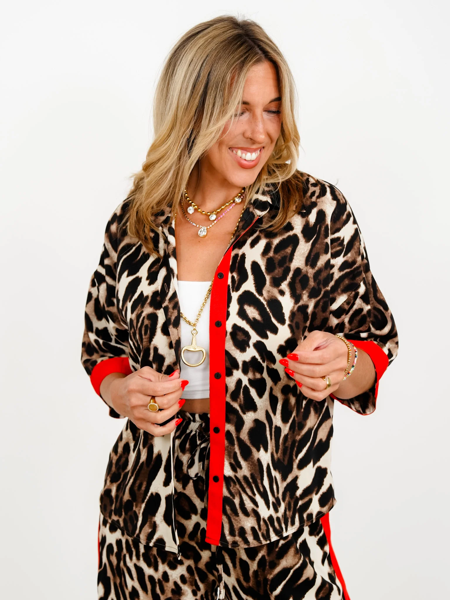 Leopard Print 3/4 Sleeve Button Down Top with Red Trim - Image 3