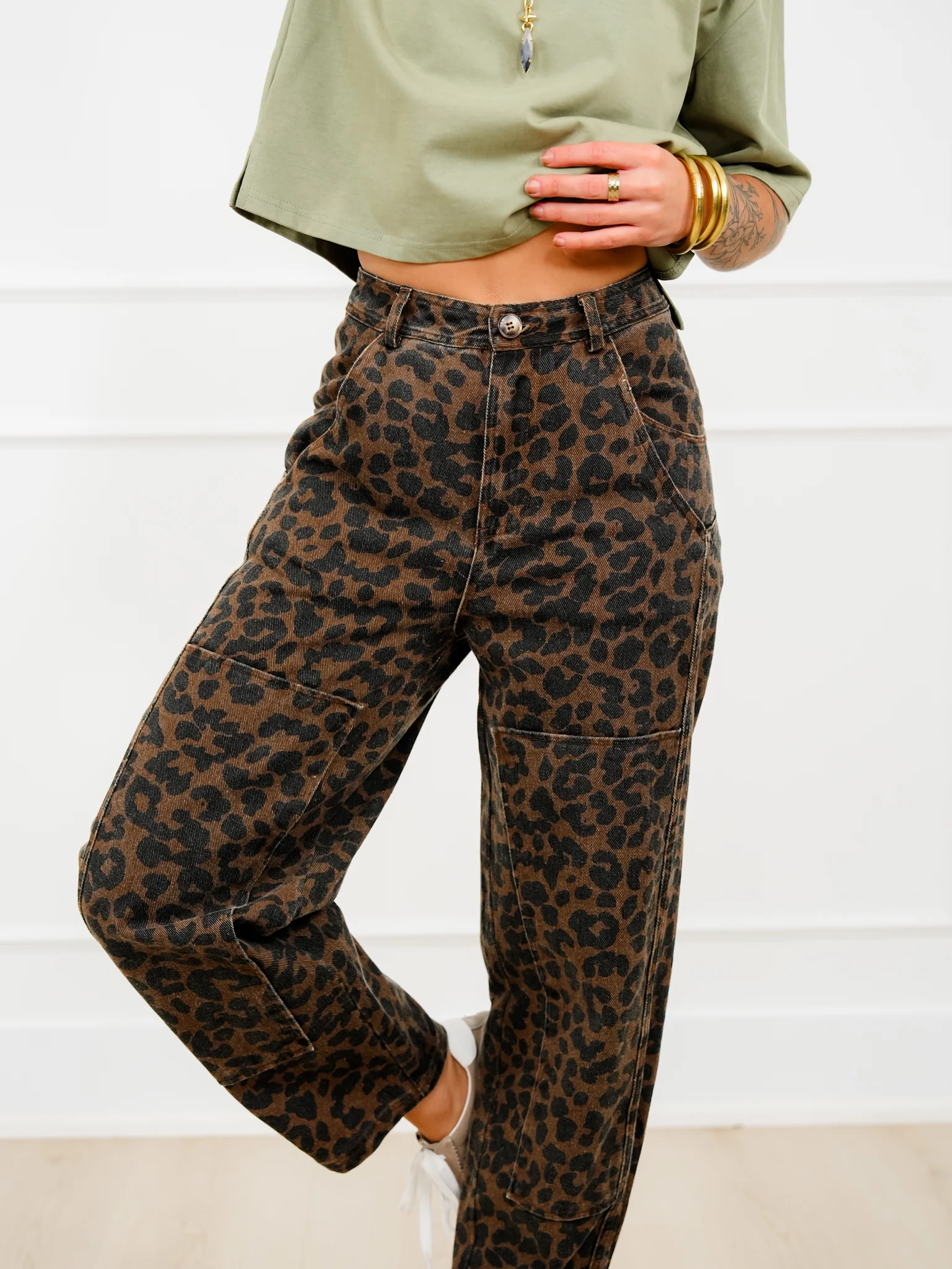 Leopard Print Twill Mid Rise Barrel Pants - Image 2