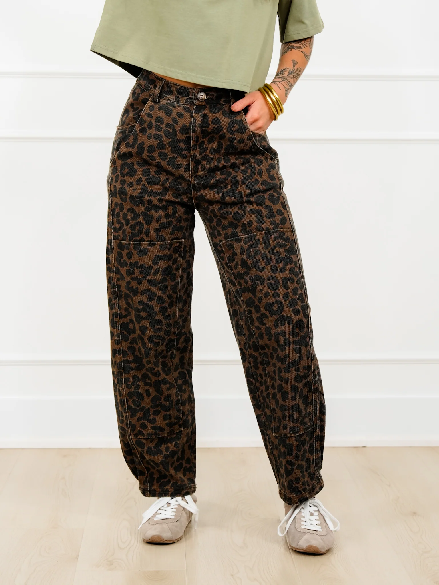 Leopard Print Twill Mid Rise Barrel Pants - Image 6