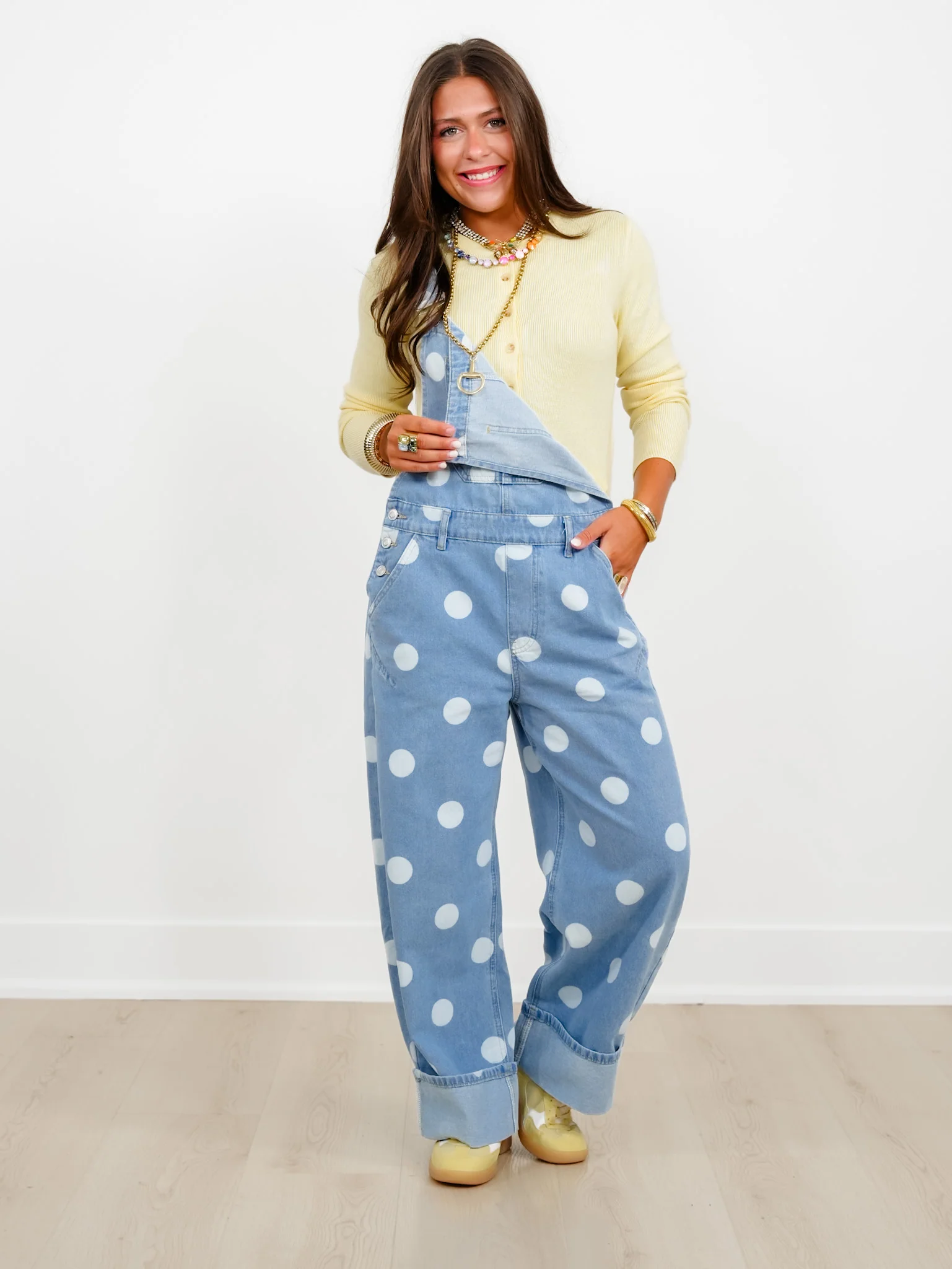 Light Wash Polka Dot Print Cuffed Overalls - Image 2
