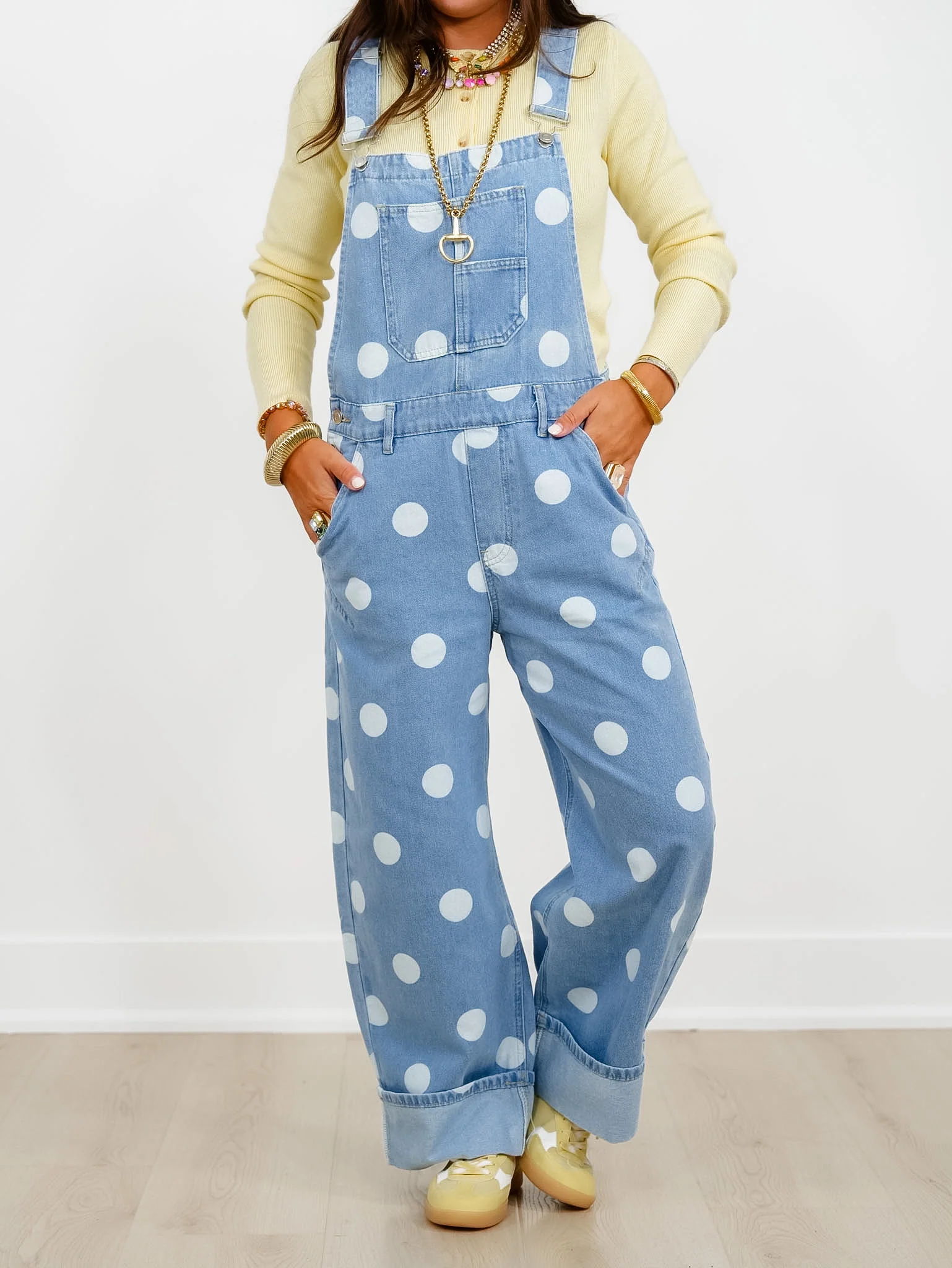 Light Wash Polka Dot Print Cuffed Overalls - Image 3