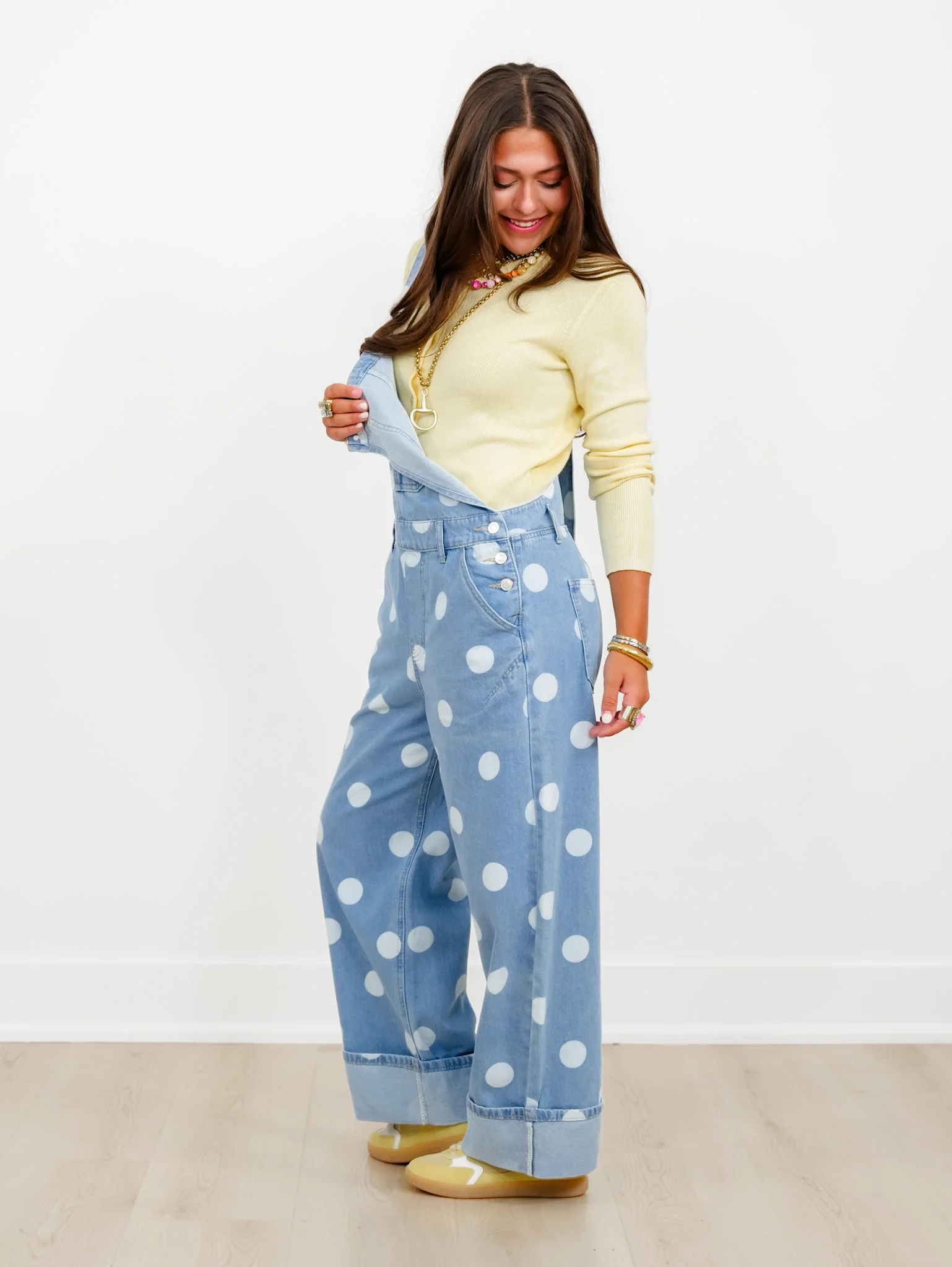 Light Wash Polka Dot Print Cuffed Overalls - Image 4