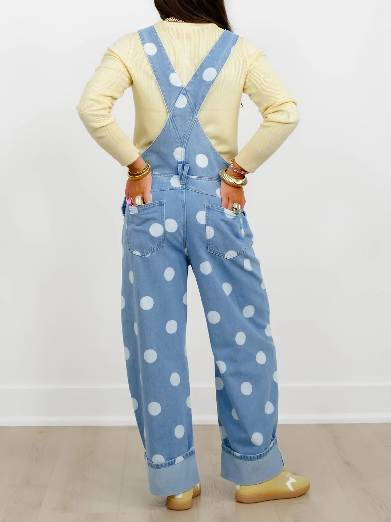 Light Wash Polka Dot Print Cuffed Overalls - Image 5
