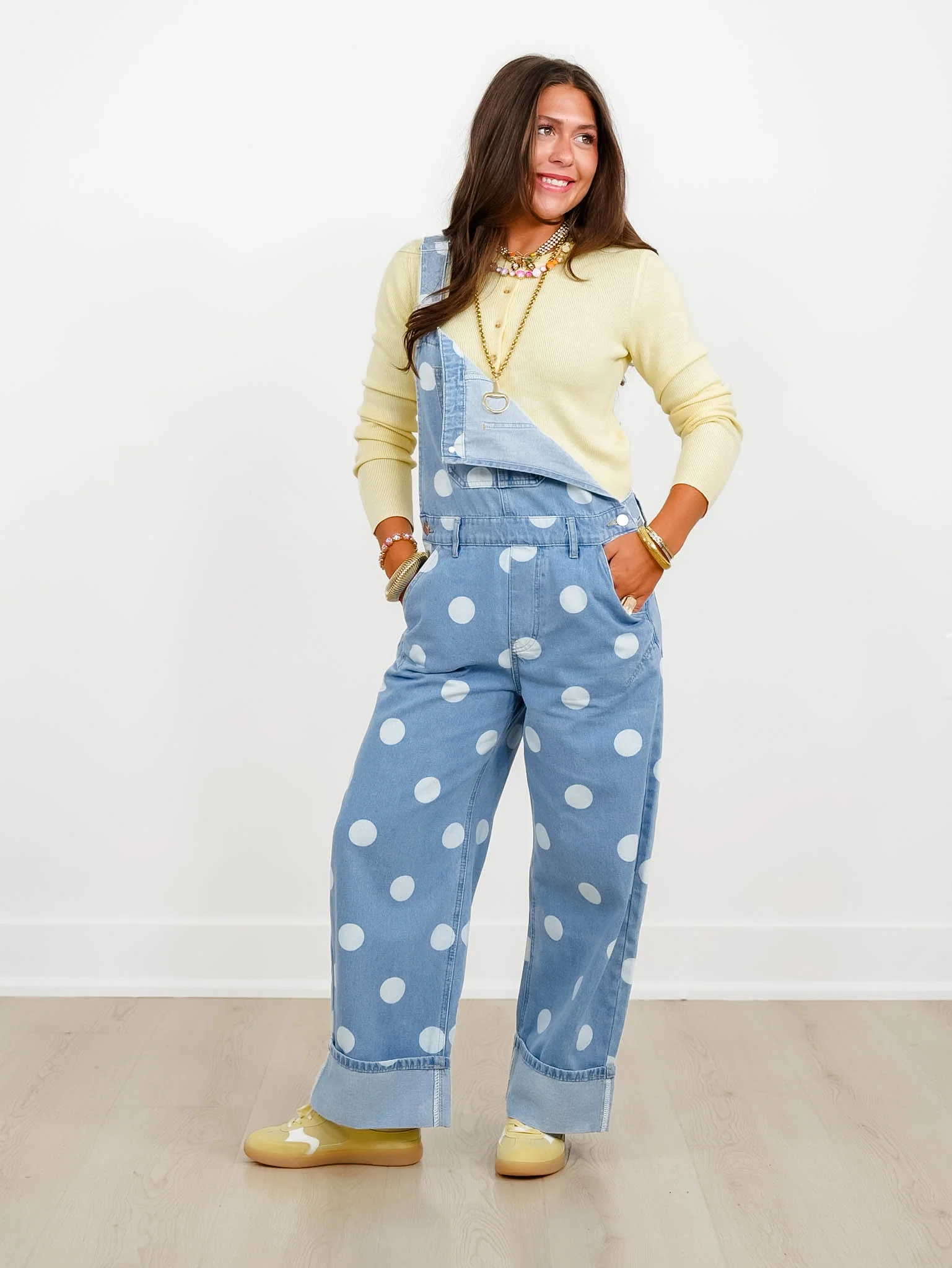 Light Wash Polka Dot Print Cuffed Overalls - Image 6