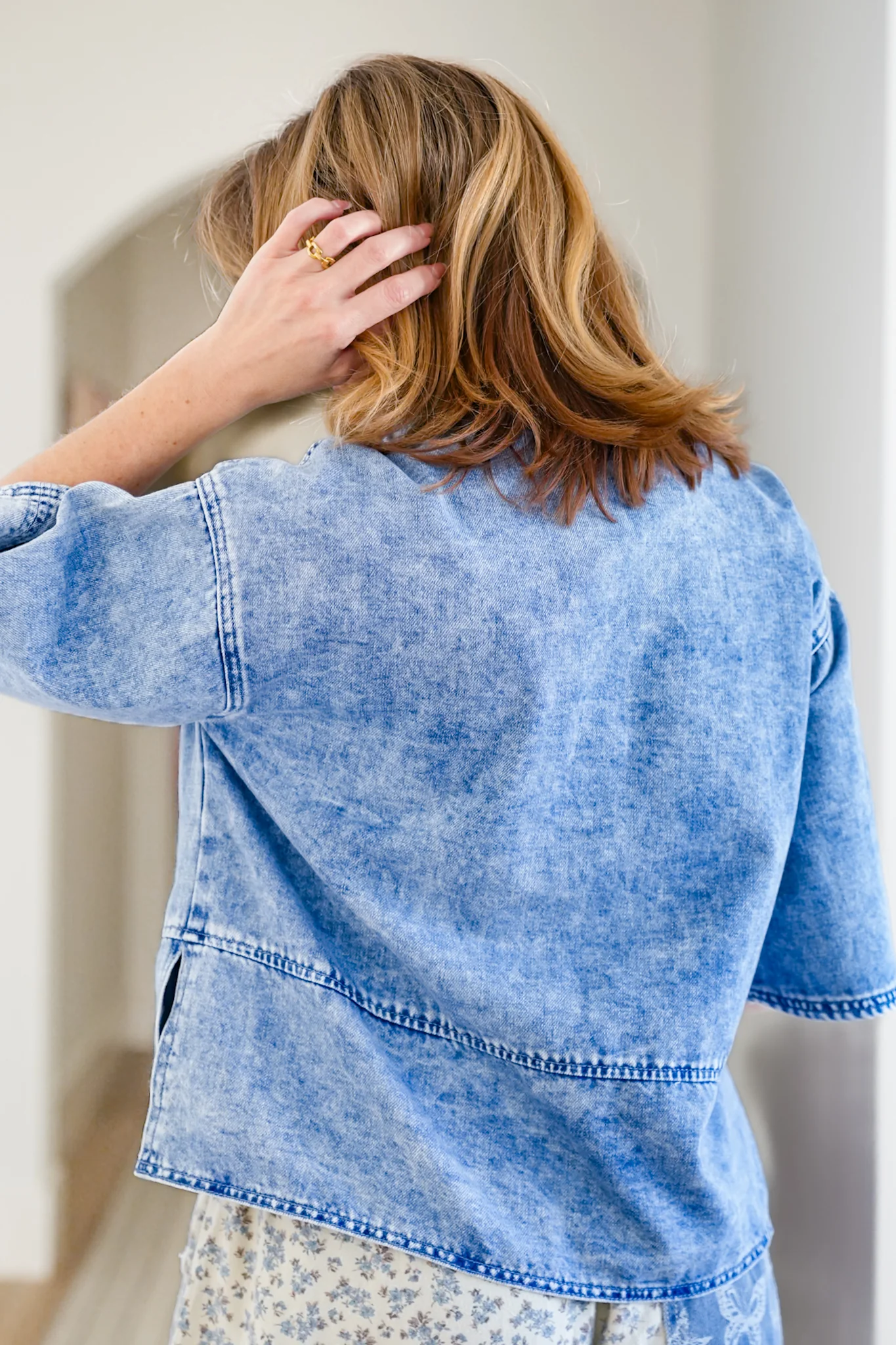 Medium Wash Half Sleeve Button Up Top - Image 5