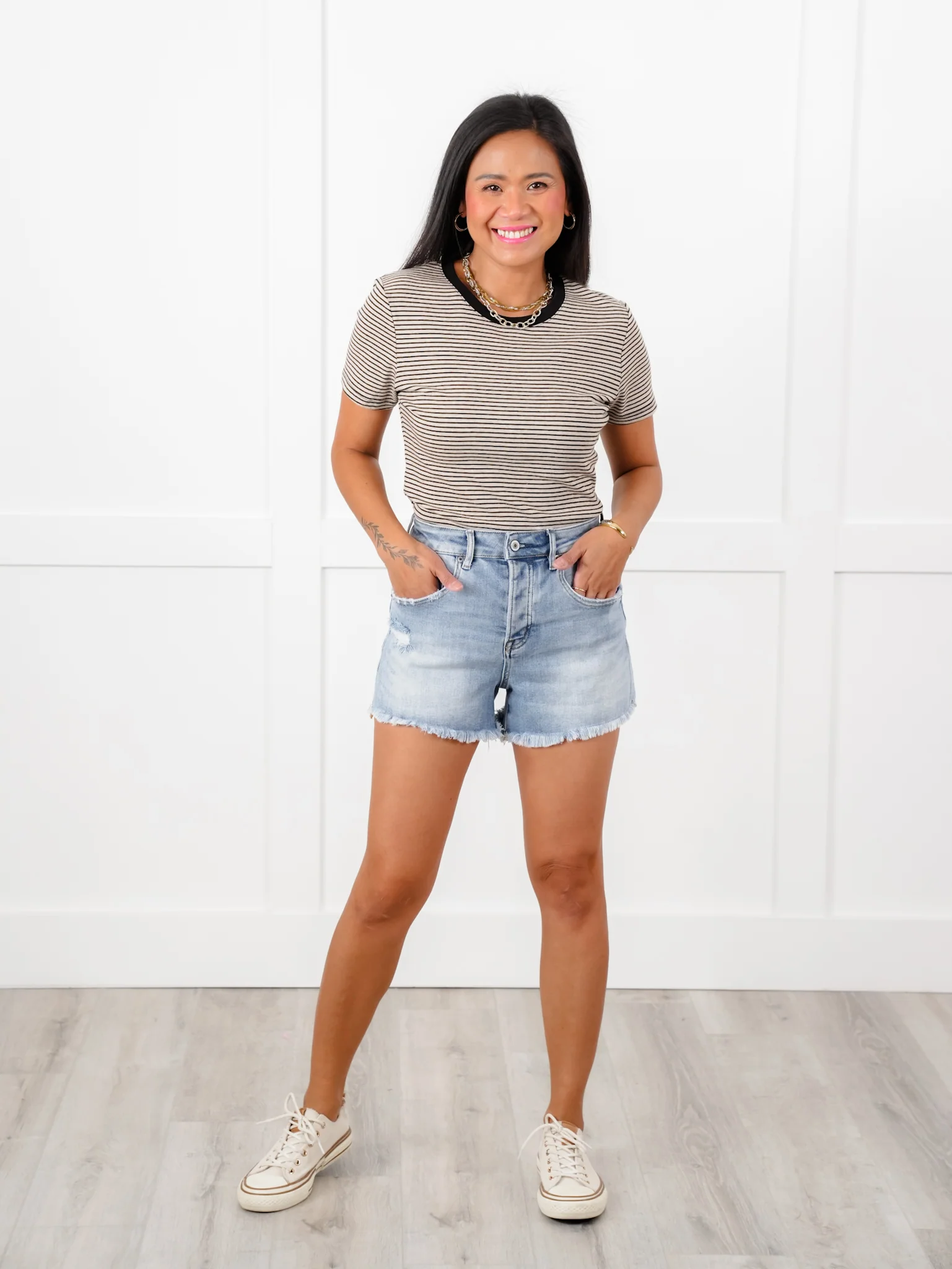 Mica Light Wash Distressed Button Fly Raw Hem Shorts - Image 7
