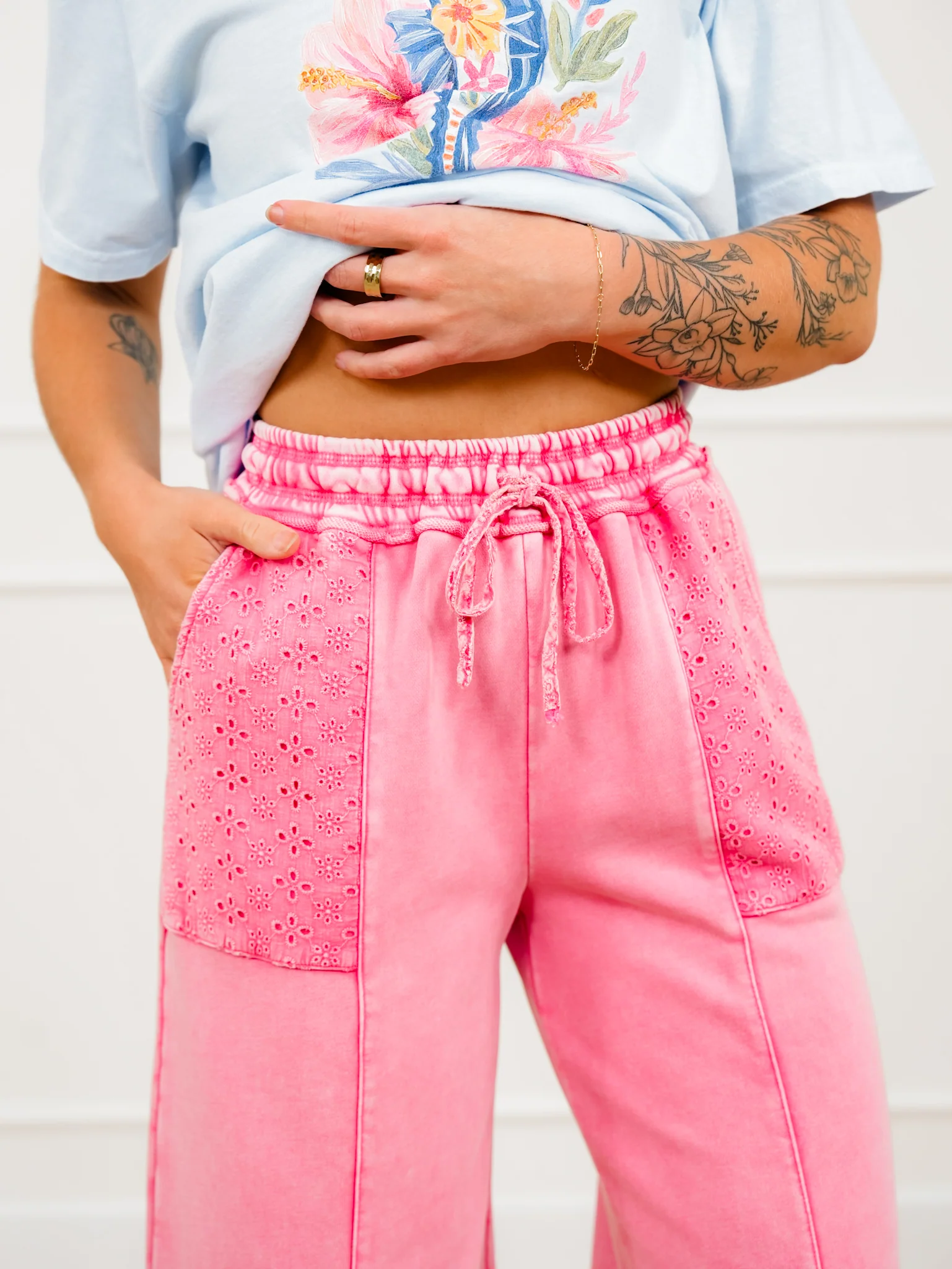 Mineral Wash Elastic Waist Pants with Eyelet Pockets - Image 5