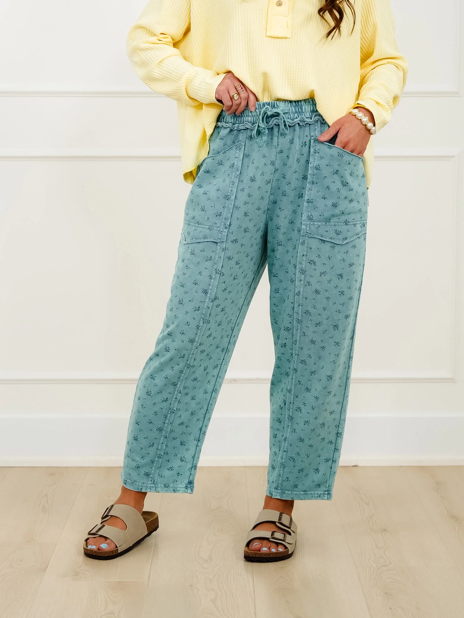 Mineral Wash Floral Print Elastic Waist Knit Pants - Image 2
