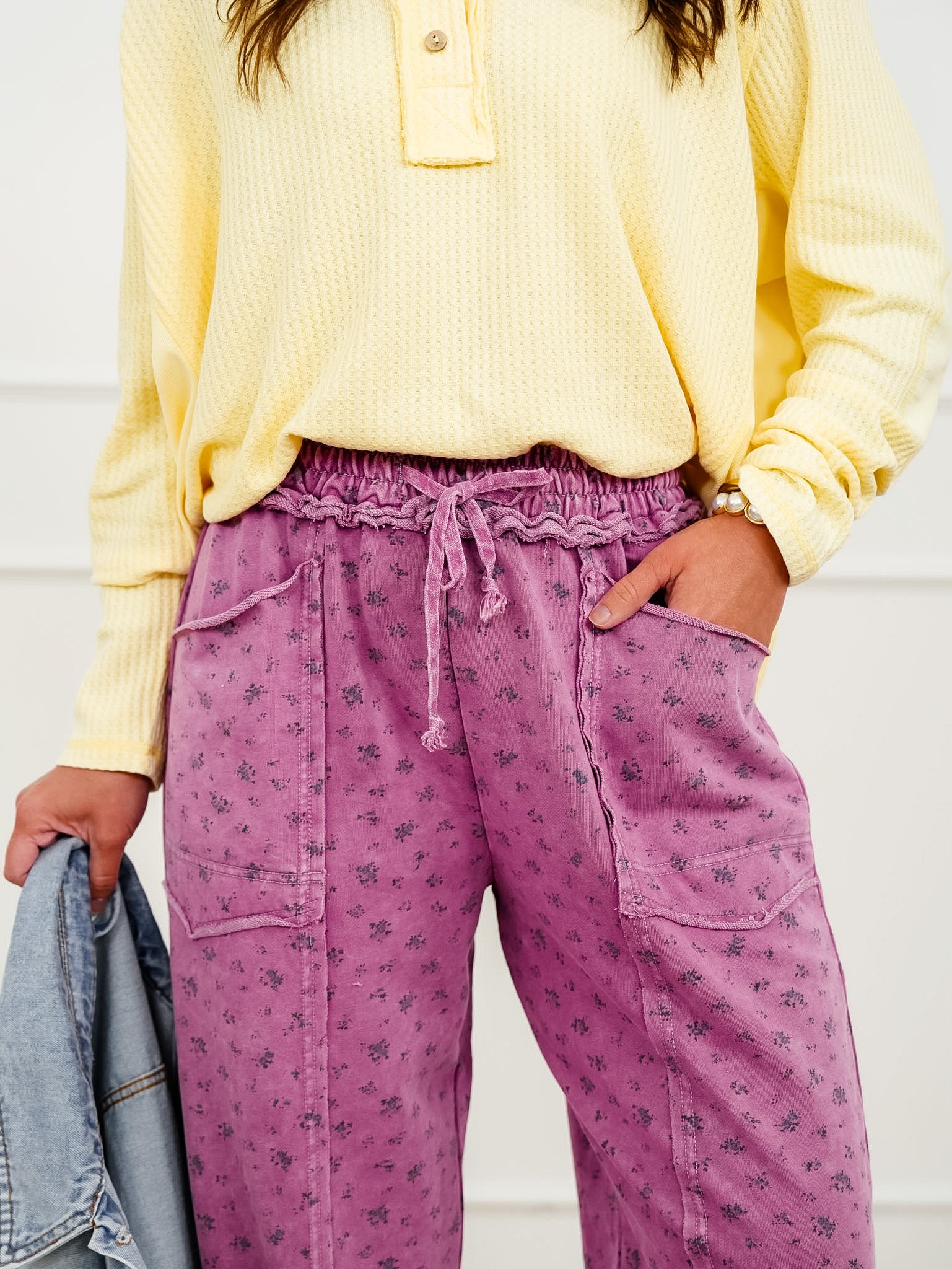 Mineral Wash Floral Print Elastic Waist Knit Pants - Image 3