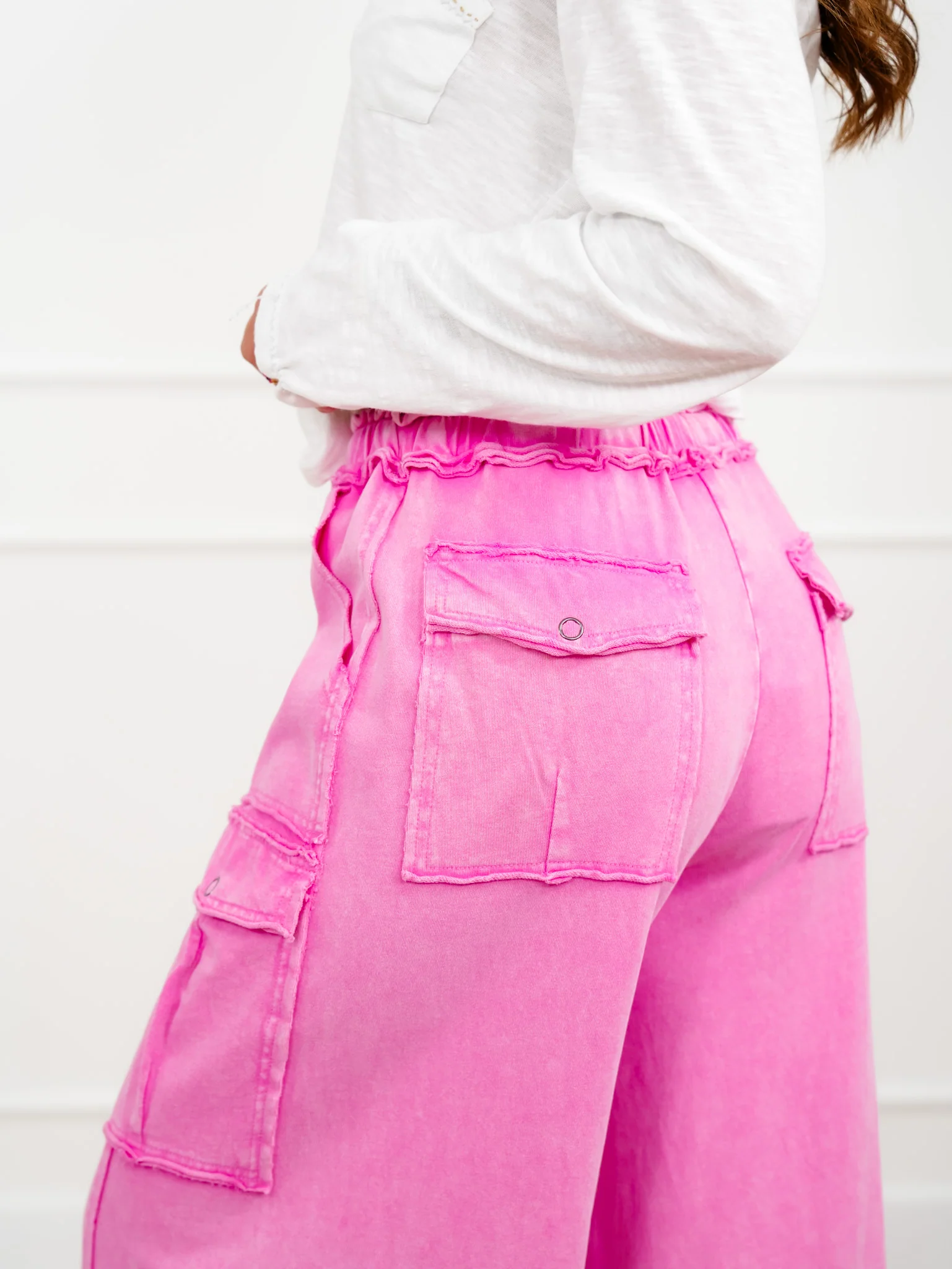 Mineral Wash Knit Elastic Waist Wide Leg Cargo Pants - Image 6