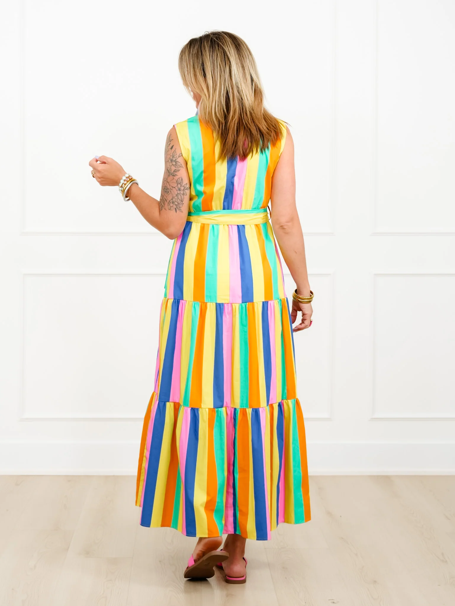 Multi Color Stripe Sleeveless Tiered Maxi Dress - Image 3